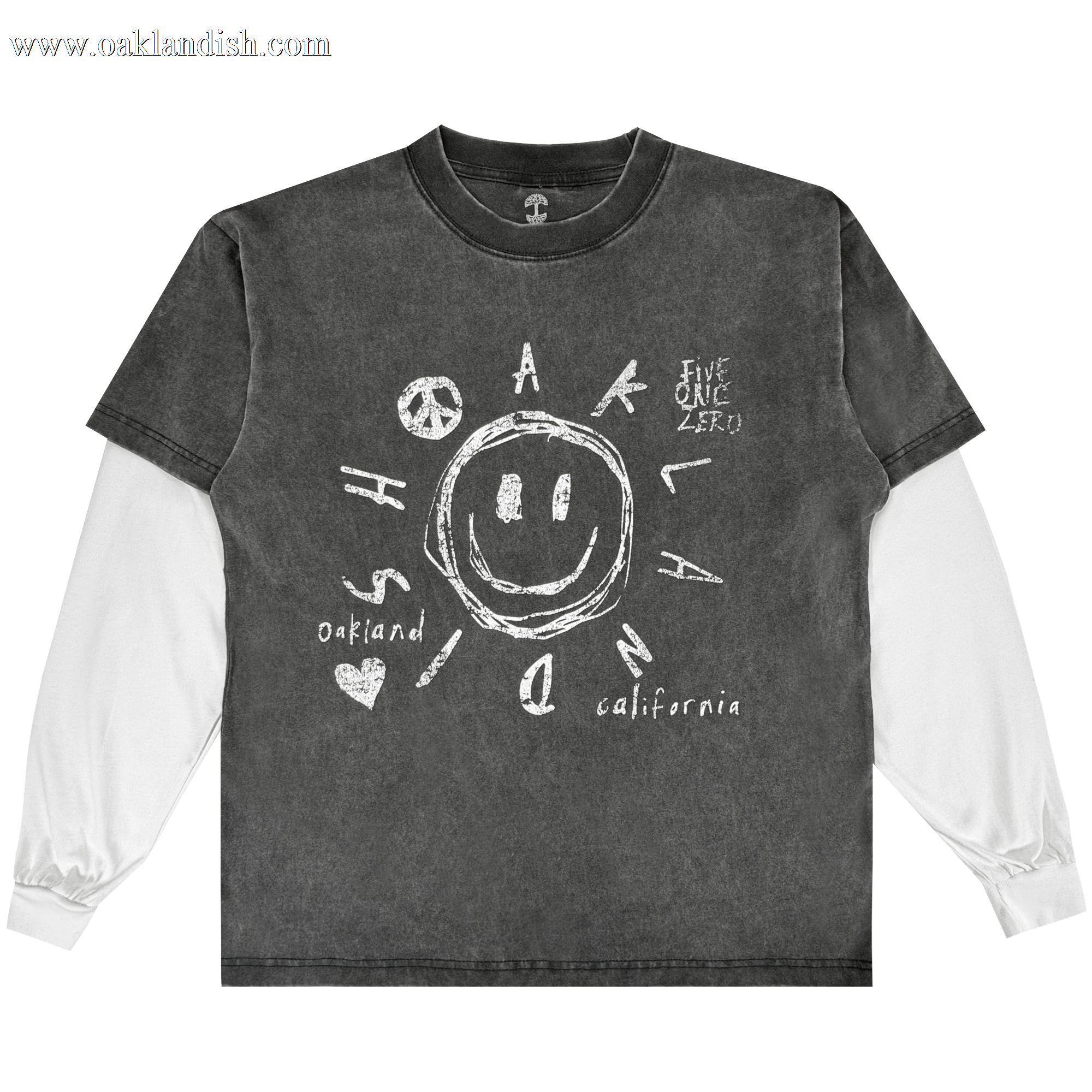 The Oaklandish Scribble LS Tee is a vintage black, 100% cotton long-sleeve shirt with white sleeves, featuring a large sketched smiley face and playful white doodles: “Oakland,” “California,” “Five One Zero,” peace sign, heart, arrows, letters.