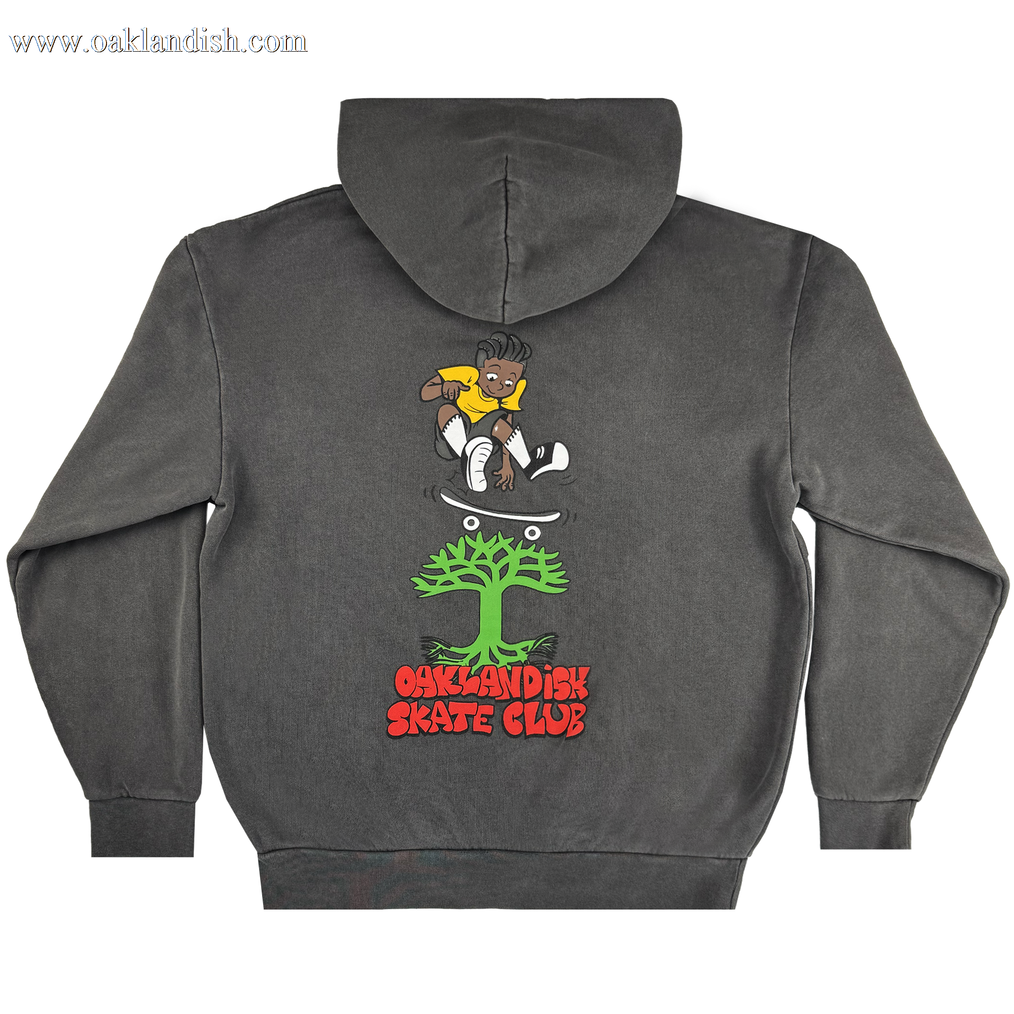The Oaklandish Skate Club Hoodie by Oaklandish is a faded black pullover featuring a skateboarding graphic above a green tree and bold red "Oaklandish Skate Club" text, capturing skate culture's vibrant energy.