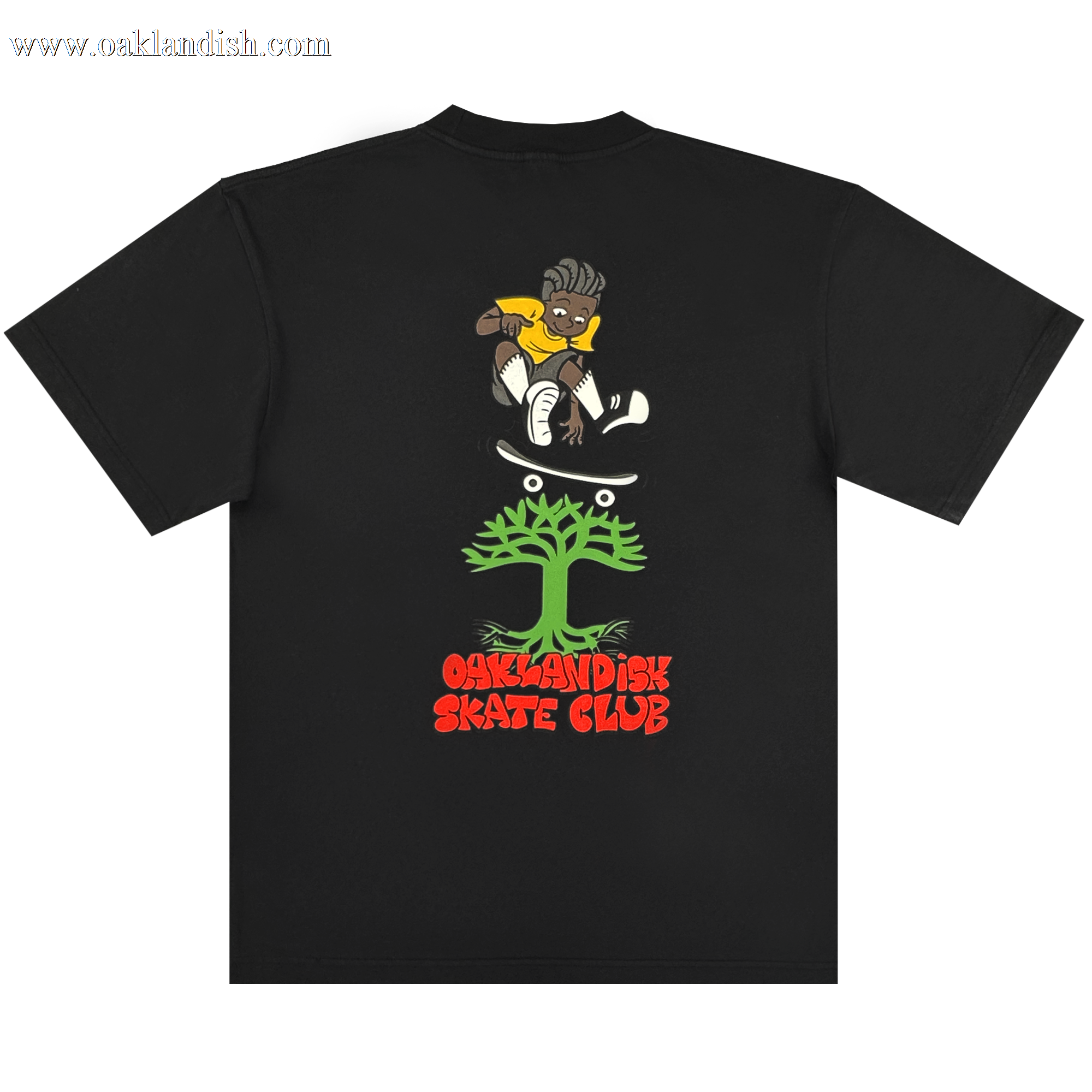The Oaklandish Skate Club Tee by Oaklandish is a black classic-fit t-shirt featuring a cartoon skater in a yellow shirt leaping over a green tree, with bold red "OAKLANDISH SKATE CLUB" text below, capturing skateboard culture.