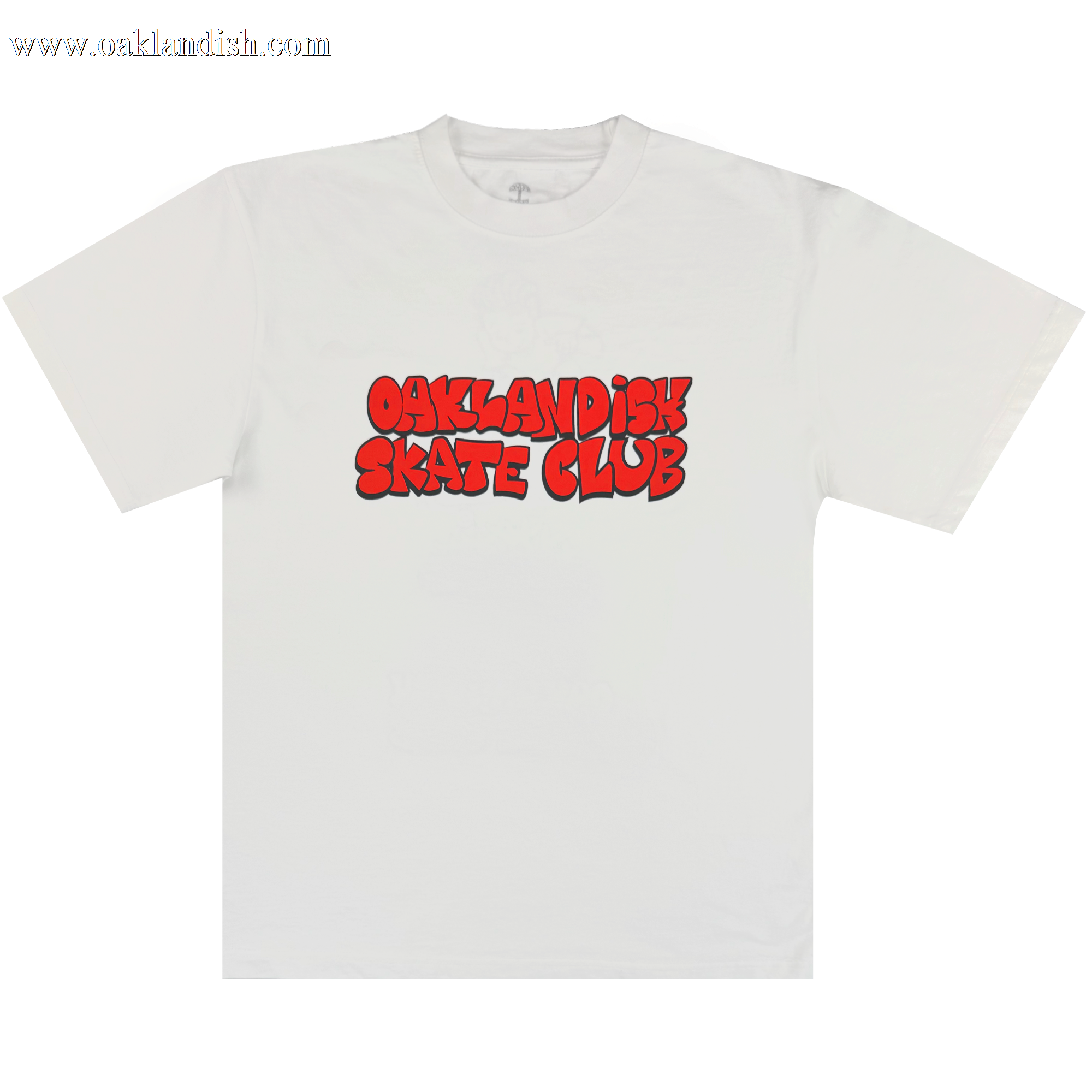 The Oaklandish Skate Club Tee by Oaklandish features “OAKLANDISH SKATE CLUB” in bold red bubble letters with black shadowing, paying tribute to skateboard culture. Shown laid flat on a white background for a fresh look.
