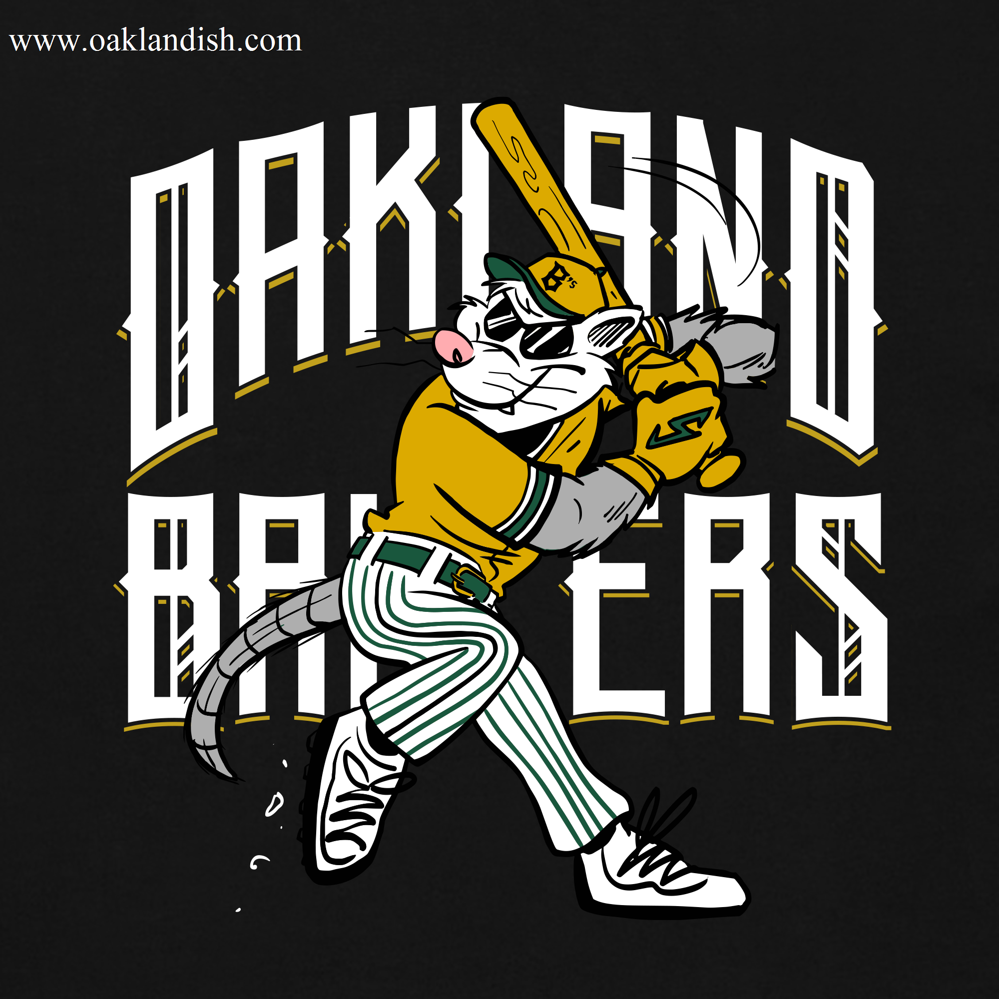 A cartoon rat named Scrappy the Rally Possum, clad in a yellow jersey and striped pants, is all set to swing a bat. With sunglasses and a cap, his gray fur and pink nose gleam. Behind him, "OAKLAND BALLERS" pops in bold white letters against the black background, exemplifying timeless mascot design on the Women's Slugging Scrappy Tee.