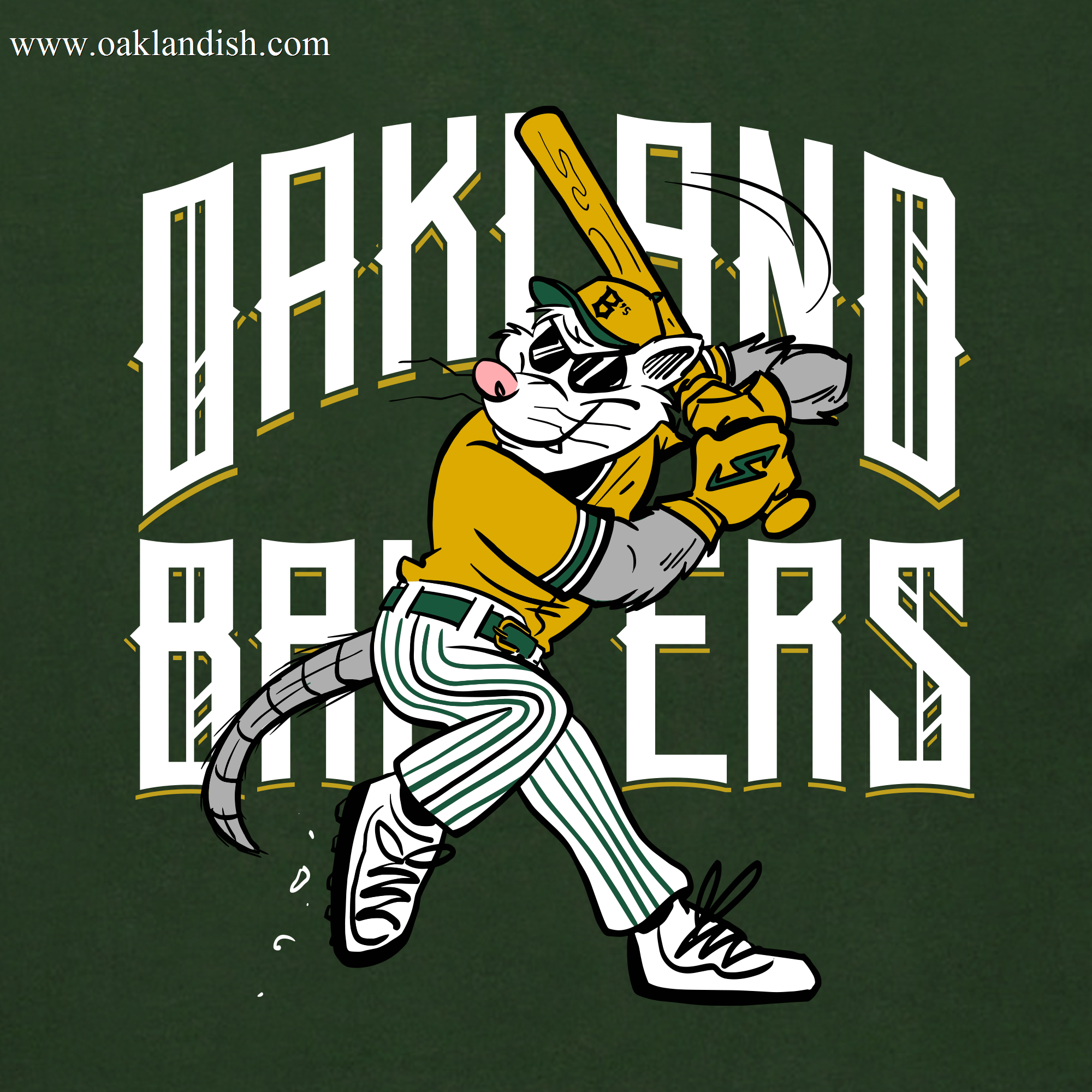 The Women's Slugging Scrappy Tee from the Oakland Ballers features a cartoon mouse, known as "Scrappy the Rally Possum," dressed in a yellow jersey and striped pants while swinging a baseball bat. Scrappy wears sunglasses and a cap, showcasing a tough expression, with background text reading "OAKLAND BAKERS" in white and yellow. The sporty and playful design captures the essence of an Oakland Ballers team mascot.