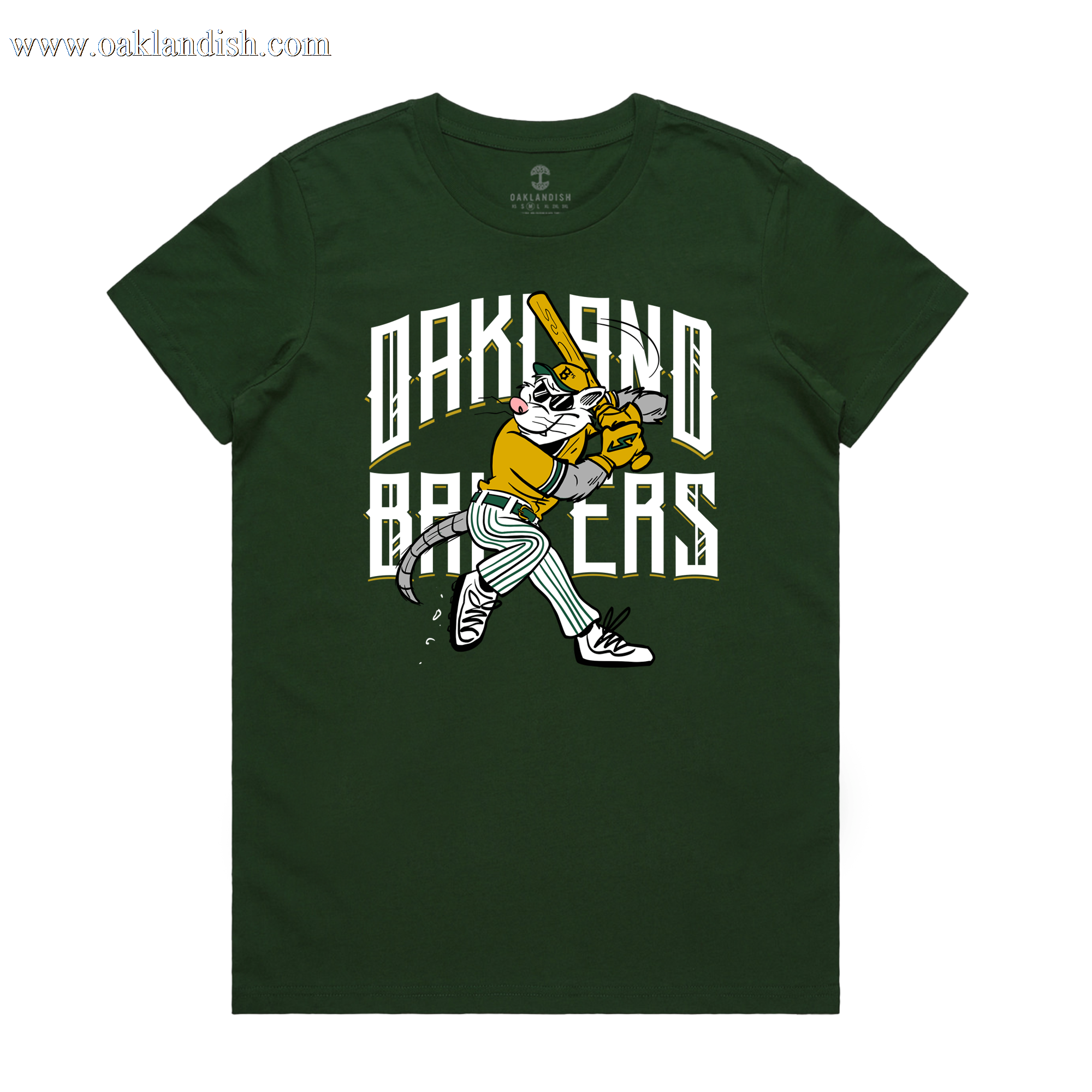 Women's Slugging Scrappy Tee, from Oakland Ballers, showcases the beloved team mascot, Scrappy the Rally Possum, in a baseball uniform ready to swing a bat. "Oakland Ballers" is prominently featured with dynamic flair on the dark green fabric of the shirt, adding to its playful design.