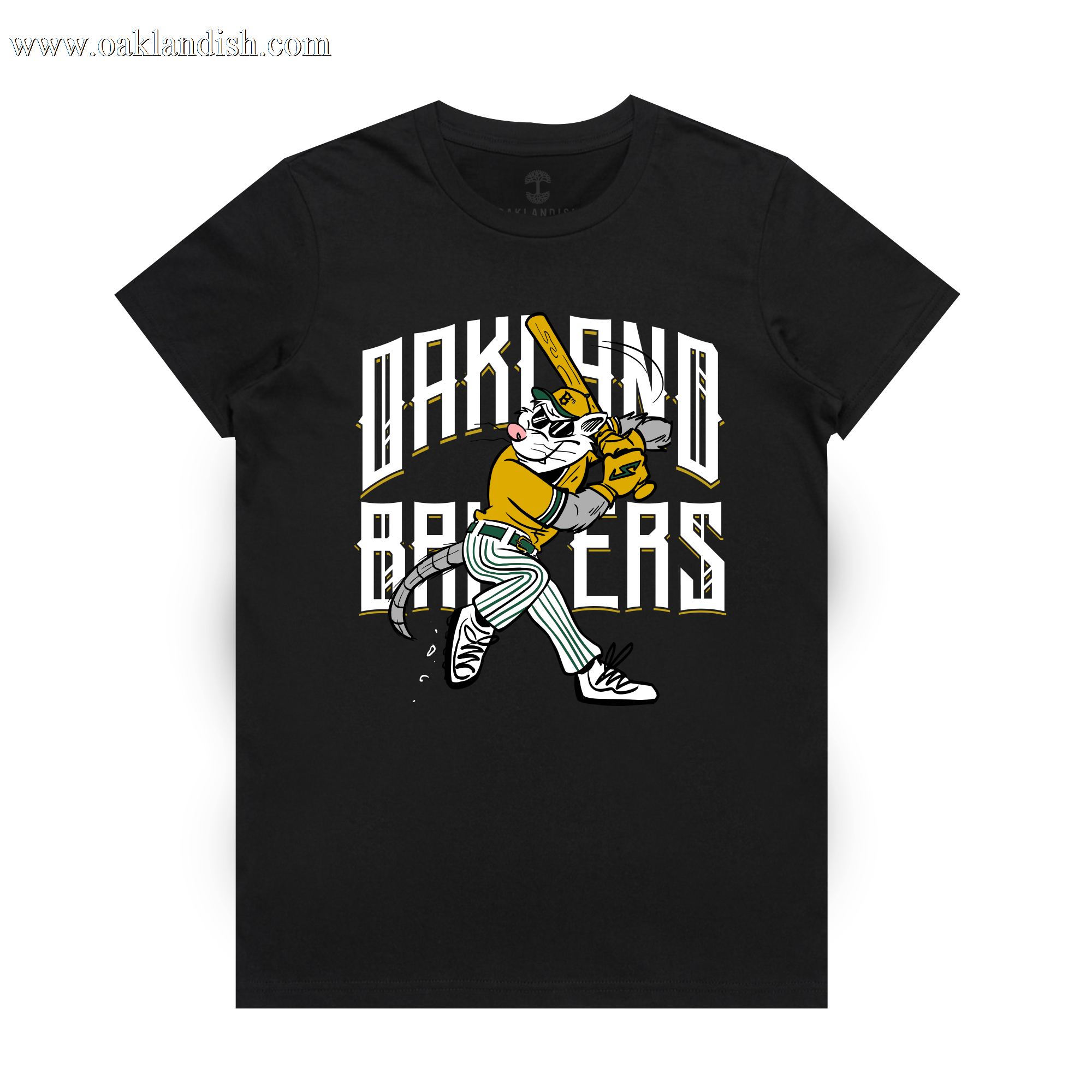 Women's Slugging Scrappy Tee by Oakland Ballers: A black t-shirt showcasing a cartoon tiger swinging a baseball bat, with the tiger dressed in a yellow jersey and green-striped pants. Behind the tiger are stylized "OAKLAND BALLERS" in bold white and gold letters, inspired by mascot designs such as Scrappy the Rally Possum.