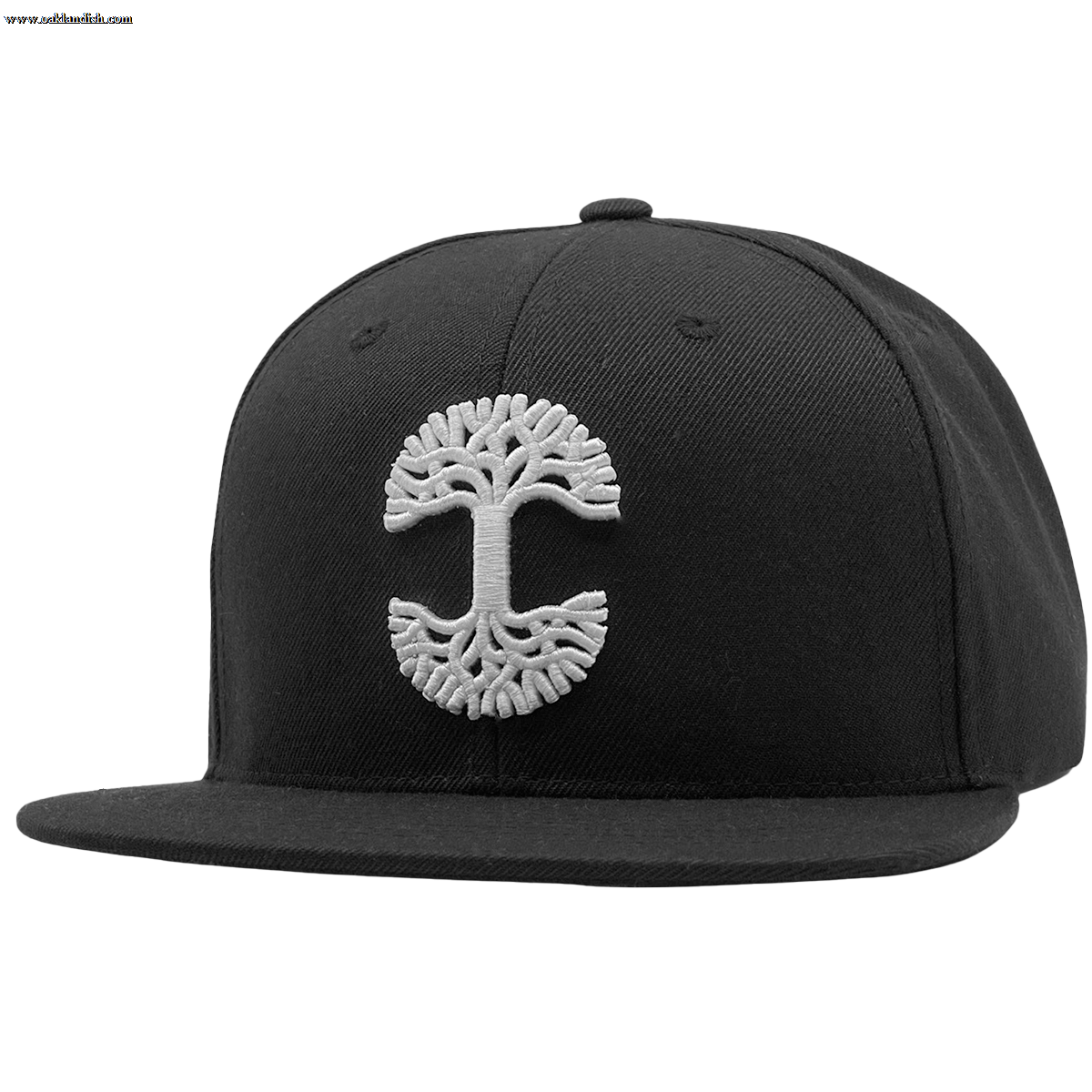 This Oaklandish Classic Snapback by Oaklandish is a fashionable black flat-brim cap showcasing a detailed white embroidered tree design on the front that resembles a human brain, reminiscent of the iconic Oaklandish logo. Featuring an adjustable snapback, it includes a structured crown and top button for an ideal fit.