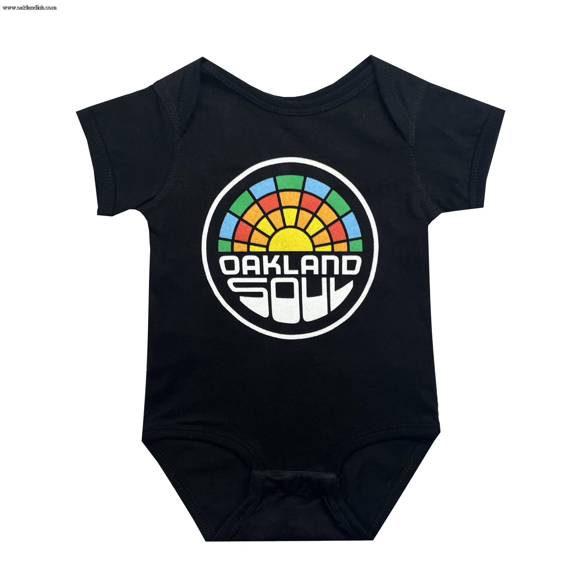 The Infant Oakland Soul Logo One-Piece from Oakland Soul is a black baby onesie that features a colorful circular logo prominently in the center. The logo displays the text "Oakland Soul" in white, set against a semi-circle of vibrant rainbow segments above it, resembling a rising sun. Inspired by the spirit of the Oakland Soul women's soccer team, this onesie comes with short sleeves and snap closures at the crotch for easy dressing.
