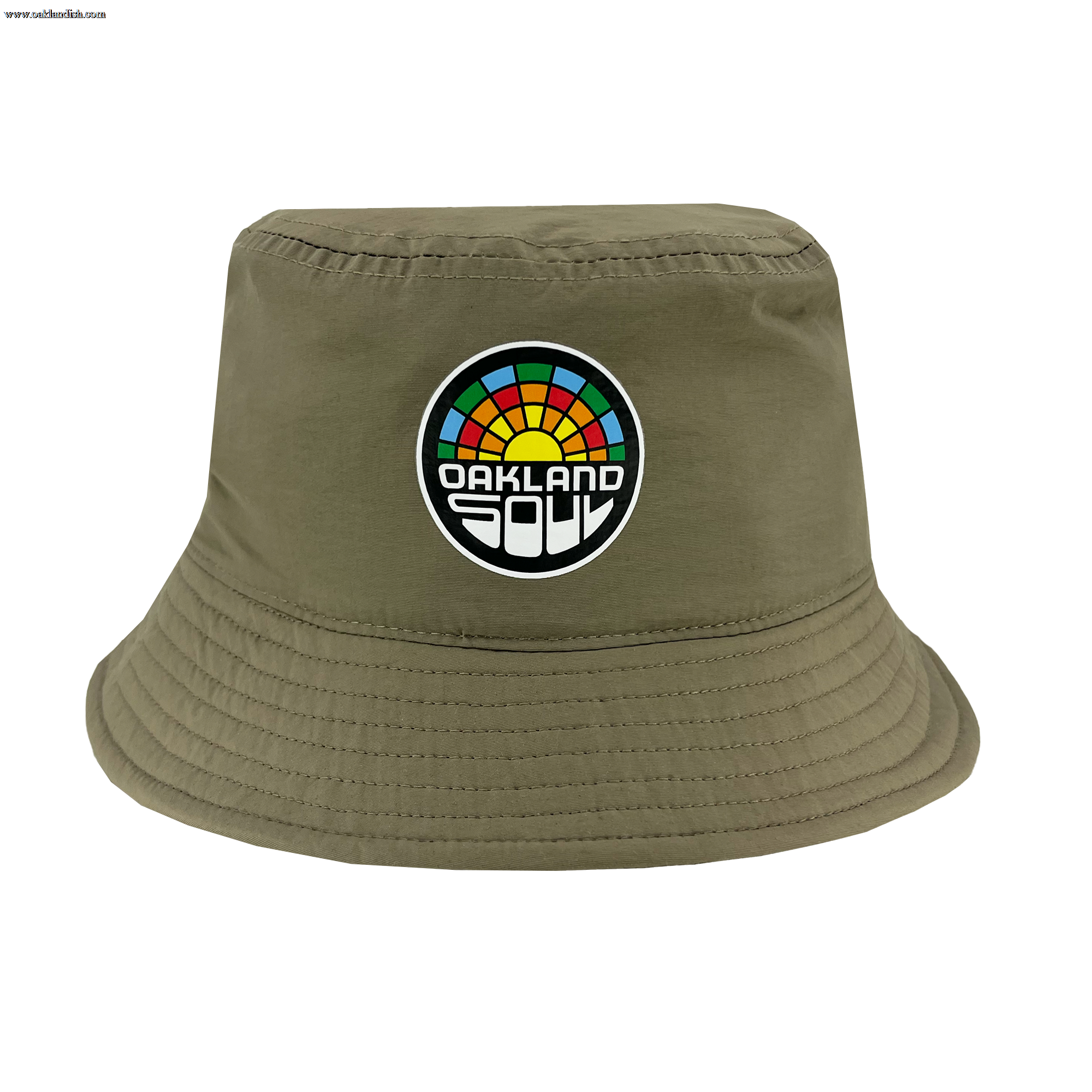 The Oakland Soul Logo Bucket Hat by Oakland Soul showcases an olive green design with a vibrant, circular rainbow logo on the front. The mosaic-like logo includes segments in red, orange, yellow, green, and blue and features "OAKLAND SOUL" in white, celebrating the women's soccer team that promotes social good. The hat is finished with a downward-sloping brim and detailed stitching for added style.
