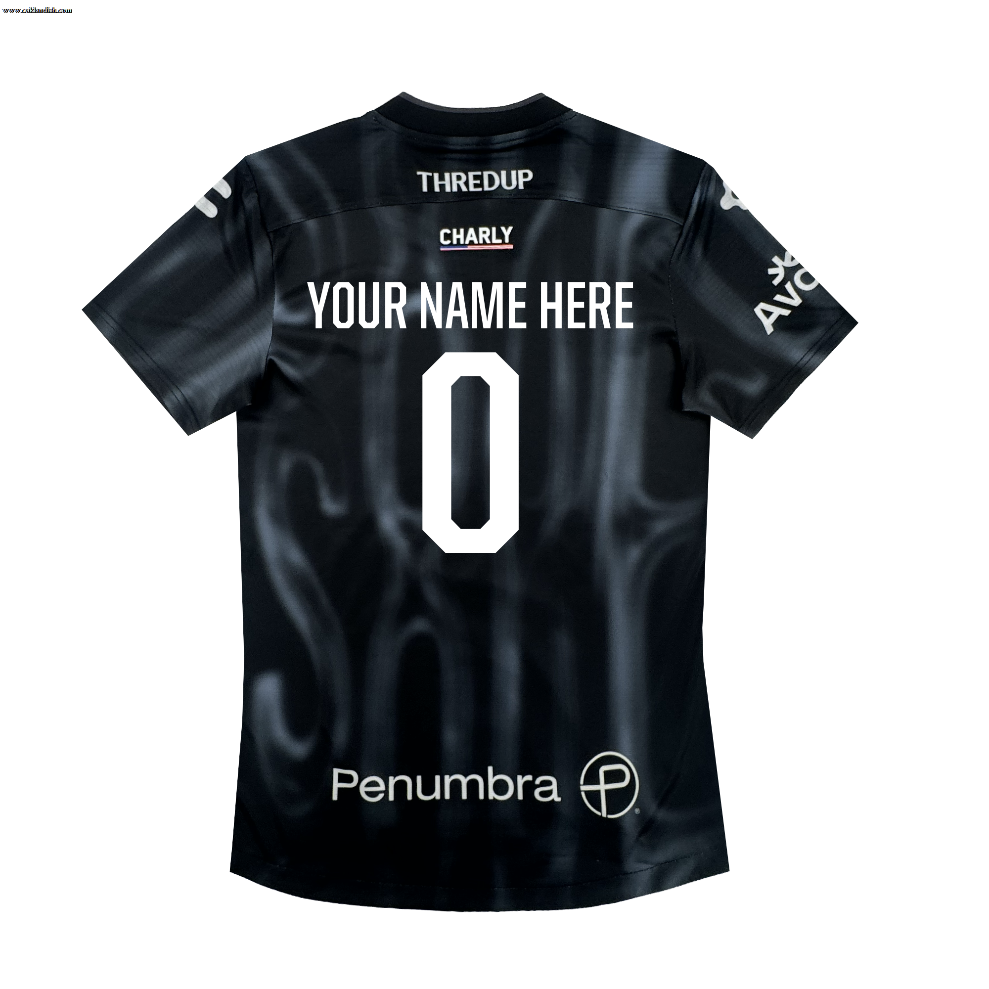 The Custom 2026 OAKLAND SOUL SC SPIRIT JERSEY by Oakland Soul features a black design with “YOUR NAME HERE” in bold white text above a large number 0 on the back, plus sponsor logos on the shoulders and lower back.