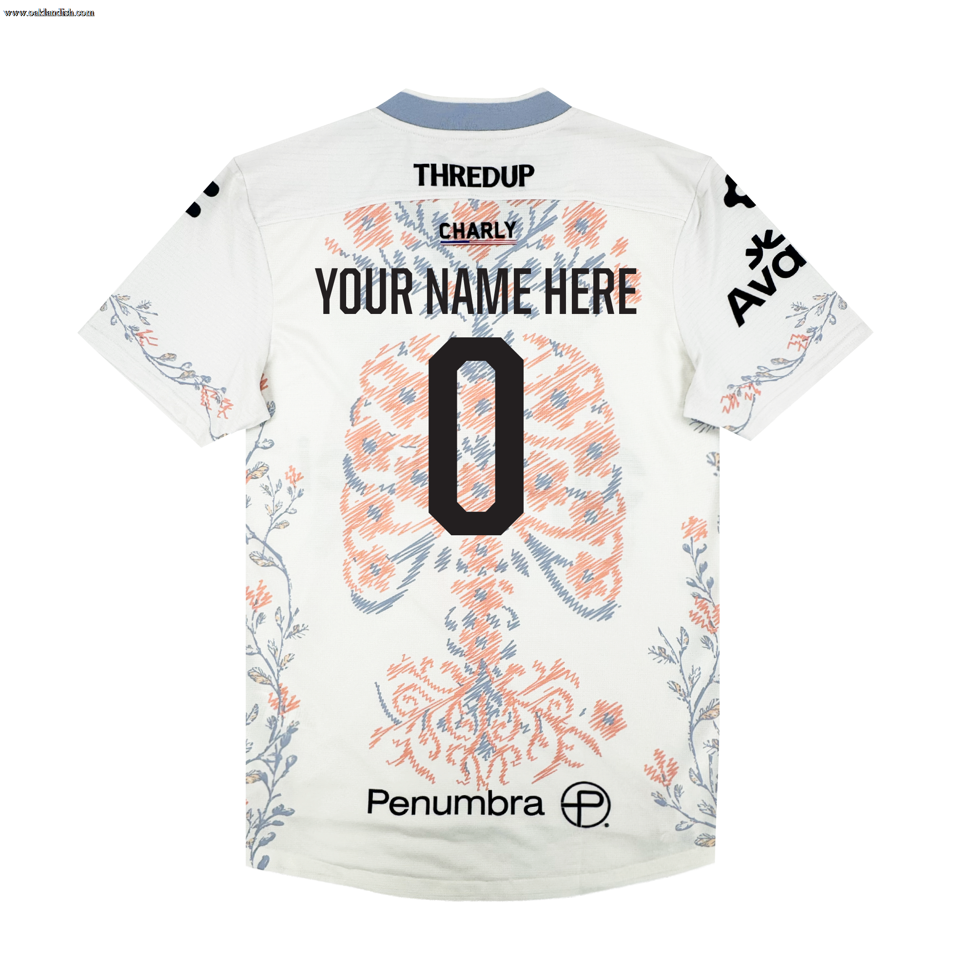 A white Oakland Soul Custom 2026 SC Form Jersey, seen from the back, has blue and orange lung graphics, black sponsor logos, "YOUR NAME HERE" and a bold number 0. The light blue collar and sleeves feature delicate branch accents.