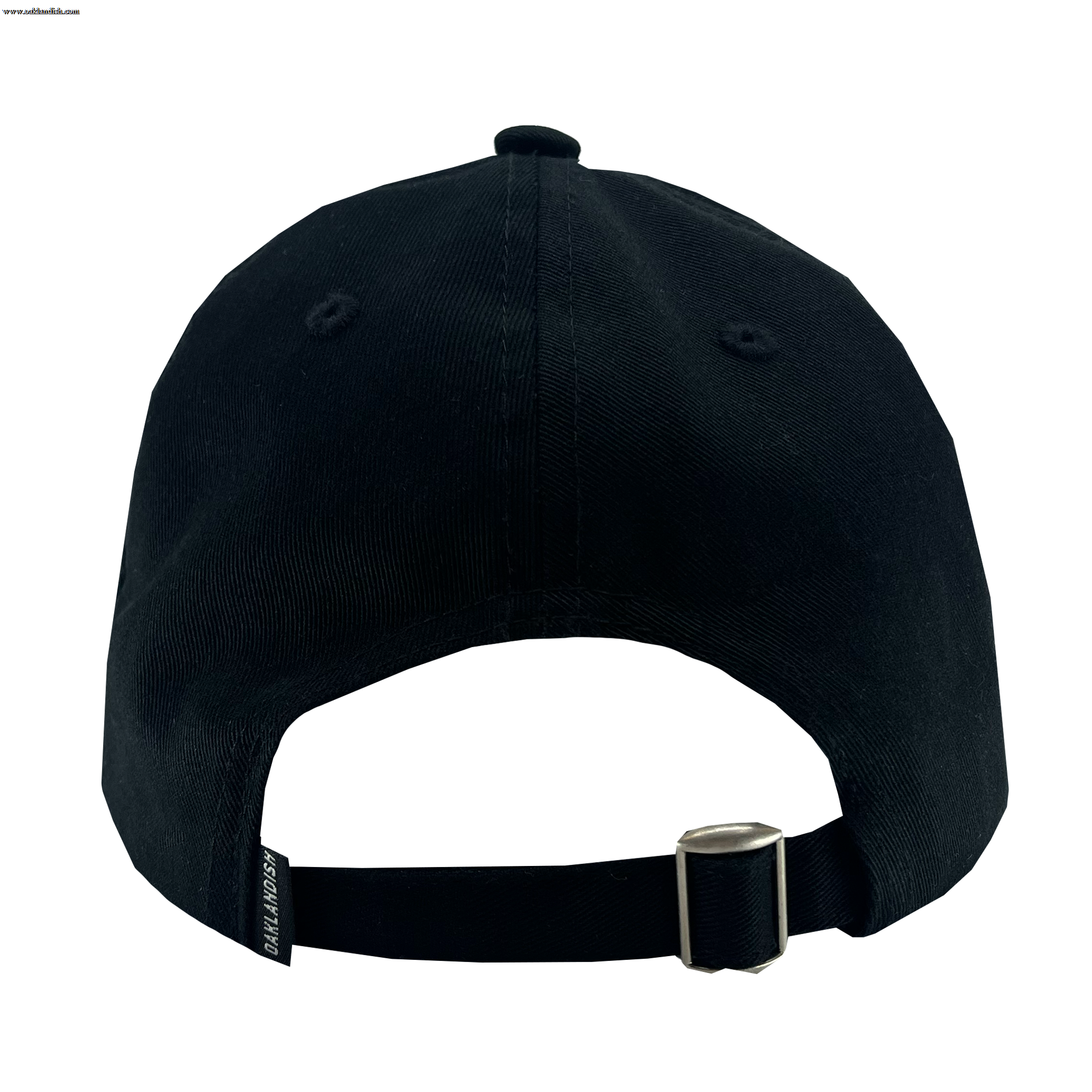 A back view of the Oakland Soul Dad Hat, showcasing its adjustable strap with a metallic clasp and a fabric tag that celebrates the Oakland Soul women’s soccer team in the USL W-League. The black cap also features visible stitching and grommets on the back panels.