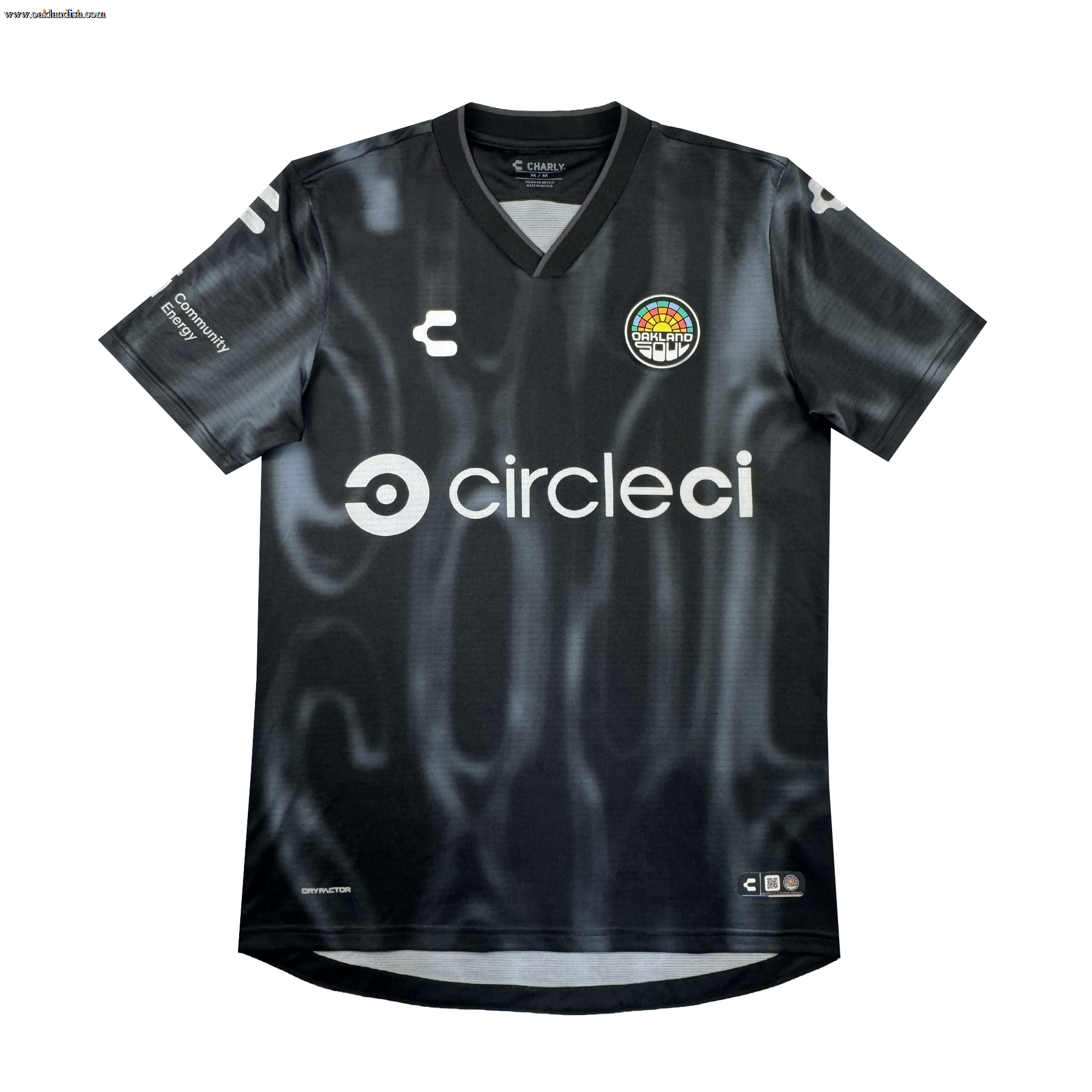 The 2026 OAKLAND SOUL SC SPIRIT JERSEY by Oakland Soul is a black, short-sleeve polyester soccer jersey with a subtle wavy pattern, white “circleci” sponsor on the front, logos on chest and sleeves, and a colorful round club crest.