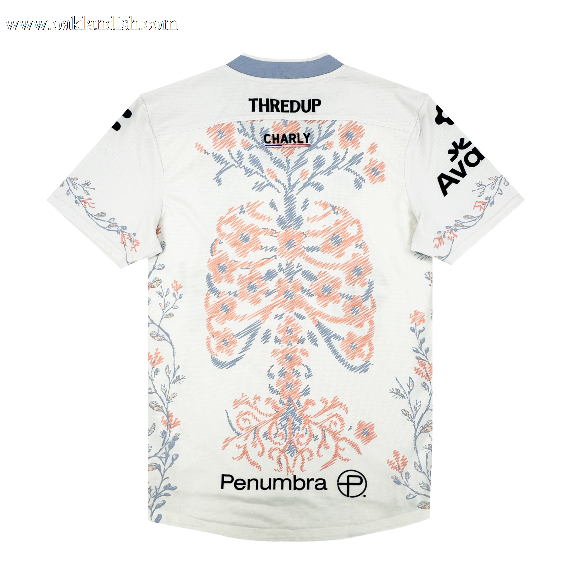 The 2026 OAKLAND SOUL SC FORM JERSEY by Oakland Soul is a white short-sleeve polyester top with blue and orange ribcage and spine details, botanical patterns, and “THREDUP” plus “Penumbra” logos on the back and sleeves.