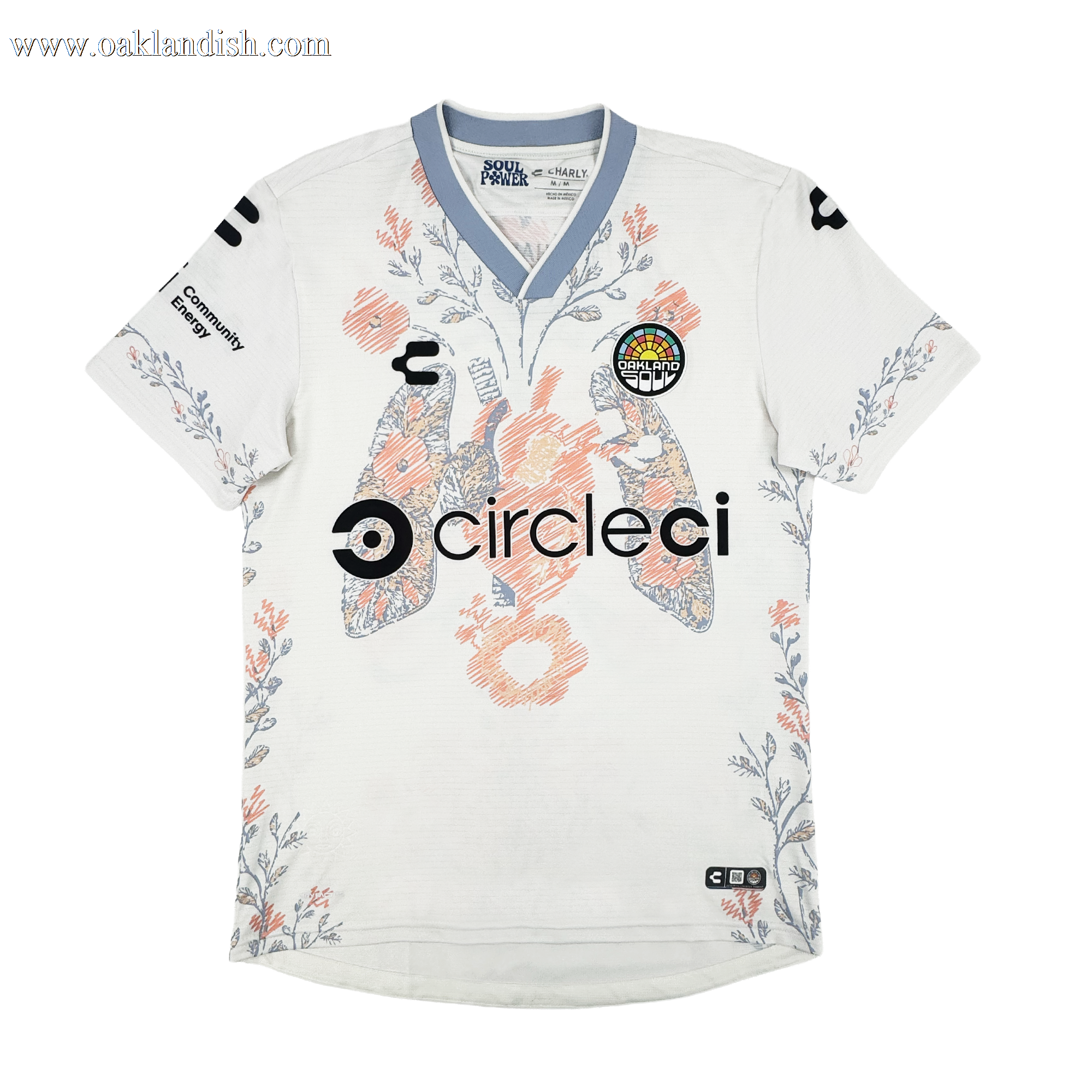 The 2026 OAKLAND SOUL SC FORM JERSEY by Oakland Soul features white high-quality polyester, pastel blue trim, and a pink-blue floral pattern. Two large koi fish and orange flowers decorate the front, with "circleci" logos on chest, sleeves, and collar.