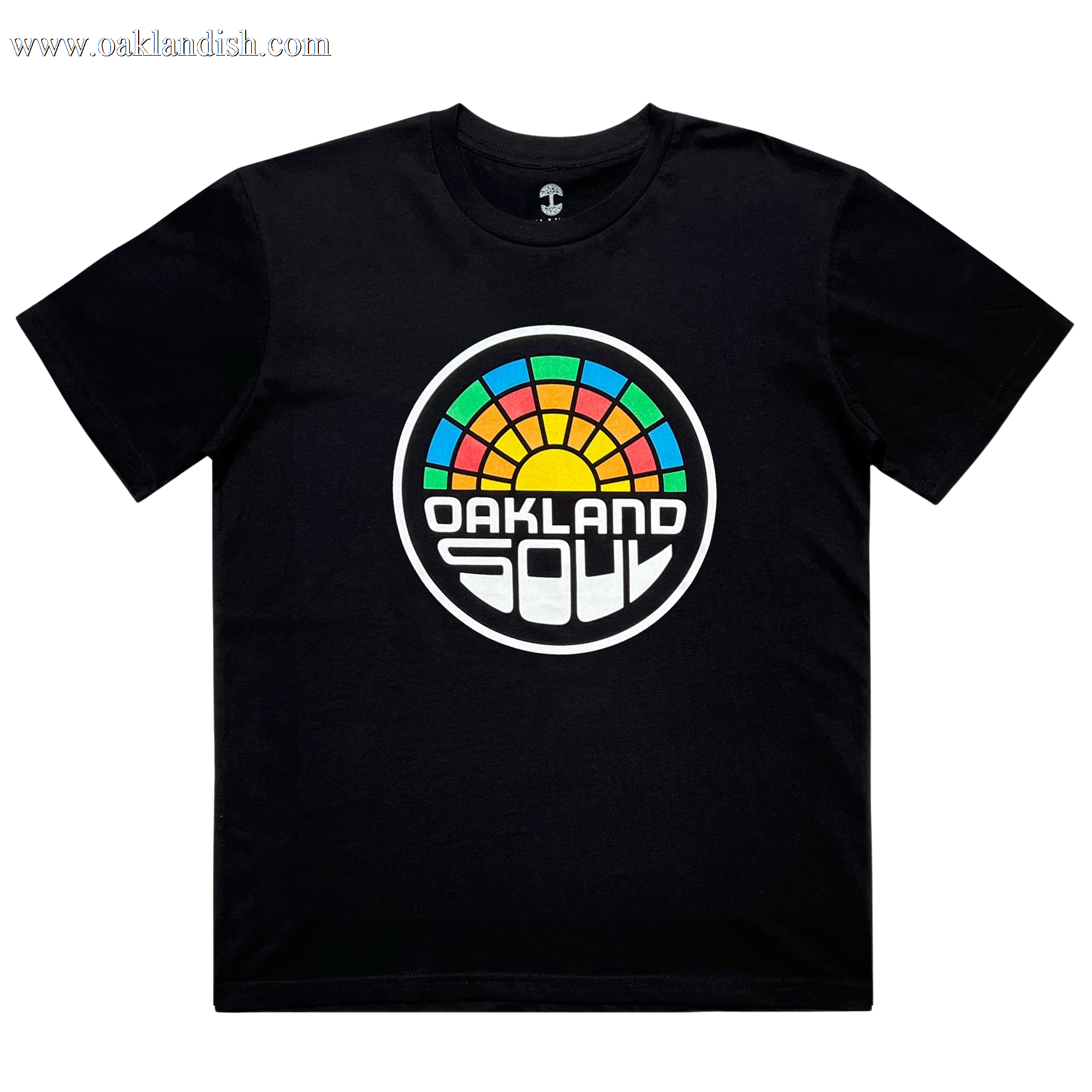 The Oakland Soul Logo Minus Tee is a black T-shirt with a circular logo: colorful geometric sunrise on top and "OAKLAND SOUL" in bold font below, honoring the city’s women’s soccer team. Brand: Oakland Soul.