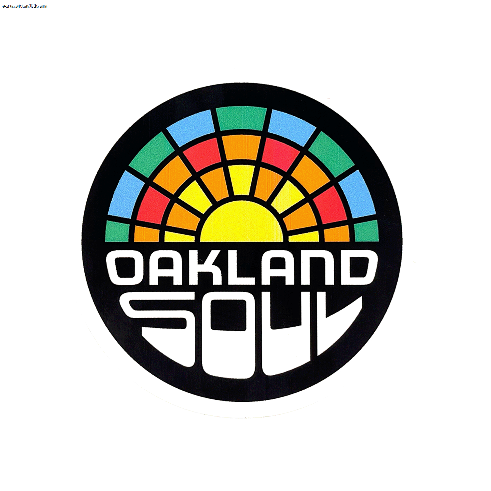 The Oakland Soul Sticker showcases a circular logo with a stylized sun whose rays form a mosaic of colored segments in dark blue, blue, green, orange, and yellow. Below the sun, "OAKLAND SOUL SC 2023" is written in white text in a modern, geometric font set against a black background. It promotes sport for social good. From the Oakland Soul brand.