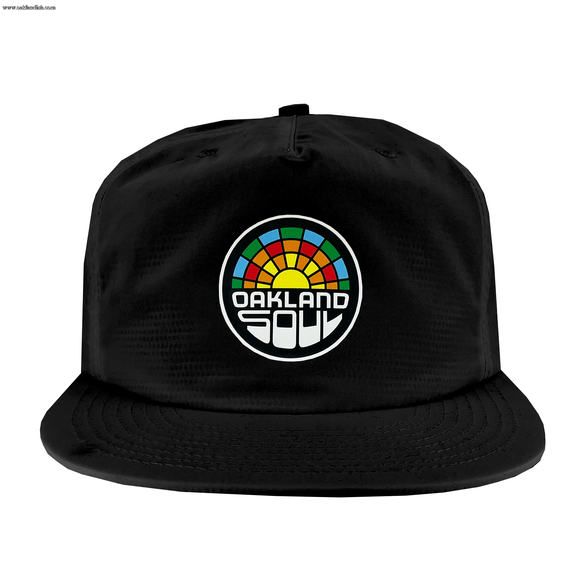 The Oakland Soul Surf Cap is a black snapback hat featuring a colorful embroidered logo in the center. The circular logo showcases a multi-colored segmented pattern of red, orange, yellow, green, and blue, with the text "OAKLAND SOUL" in bold, white stylized letters beneath it, celebrating the USL W-League's vibrant women's soccer team.
