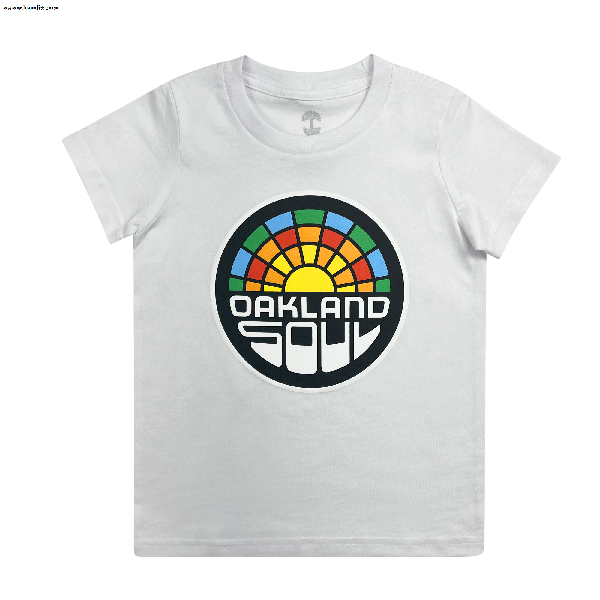 The Youth Oakland Soul Logo Tee features a striking white finish and a vibrant circular graphic on the front. The design showcases a rainbow with a yellow sun at its center, accompanied by the bold text "OAKLAND SOUL" in capital letters below, celebrating women's soccer and Oakland Soul's participation in the USL W-League.