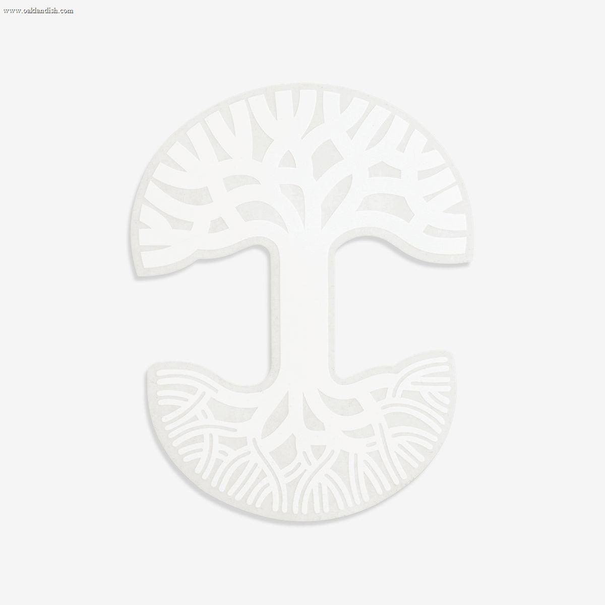 The Oaklandish Decal 5x7 by Oaklandish features a white, minimalist tree design with branches extending upward into a circular shape and roots spreading downward into another inverted circular shape. This intricate, web-like pattern makes for an ideal window decal sticker, showcased against a plain light-gray background.