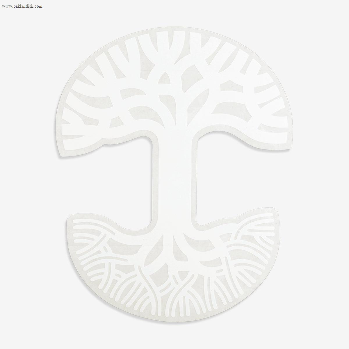 The Oaklandish Decal 8x10 showcases a minimalist, stylized tree design in white set against a light gray background. Ideal as an Oakland window decal, this tree features a rounded canopy with intricate branching and roots extending downwards in a detailed and symmetrical pattern. The overall shape uniquely combines elements of both a circle and a T-shape.