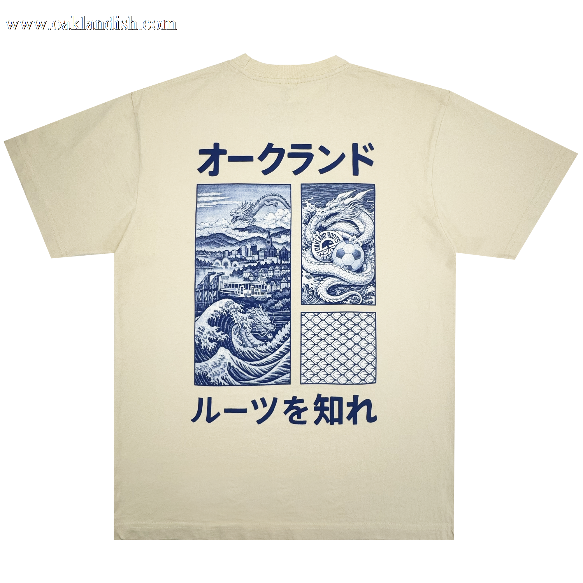 The Story Telling Tee by Oakland Roots SC is a beige t-shirt featuring blue Japanese text and four panels—a dragon over a city, serpent in water, ocean waves, and fish scales—plus more blue Japanese text for Roots SC fans.