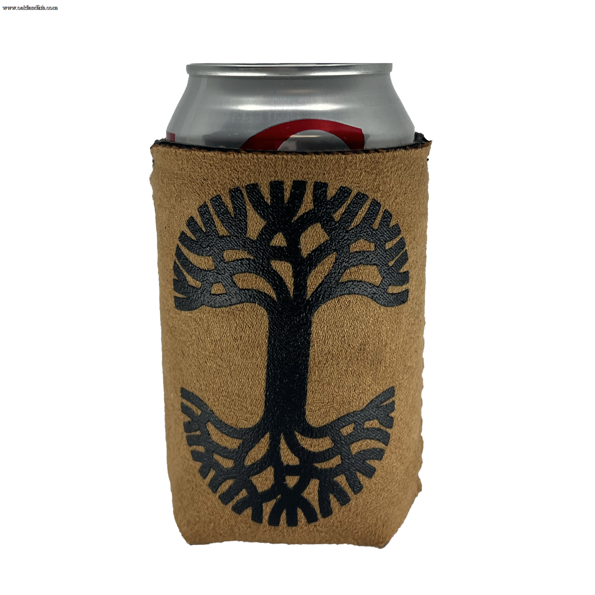 The Oaklandish Suede-ish Can Cooler by Oaklandish features a light brown, textured sleeve with a black tree design on it. The tree has large, spreading branches and roots that form a symmetrical shape resembling the letter "T". This cozy snugly fits around a silver beverage can and includes a neoprene interior for enhanced insulation.