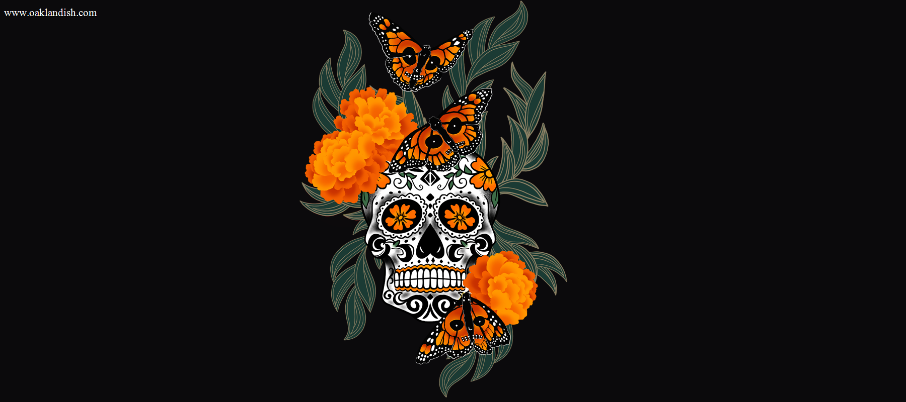 A decorative sugar skull with ornate black designs, orange marigold flowers, green leaves, and vibrant orange monarch butterflies on a black background.