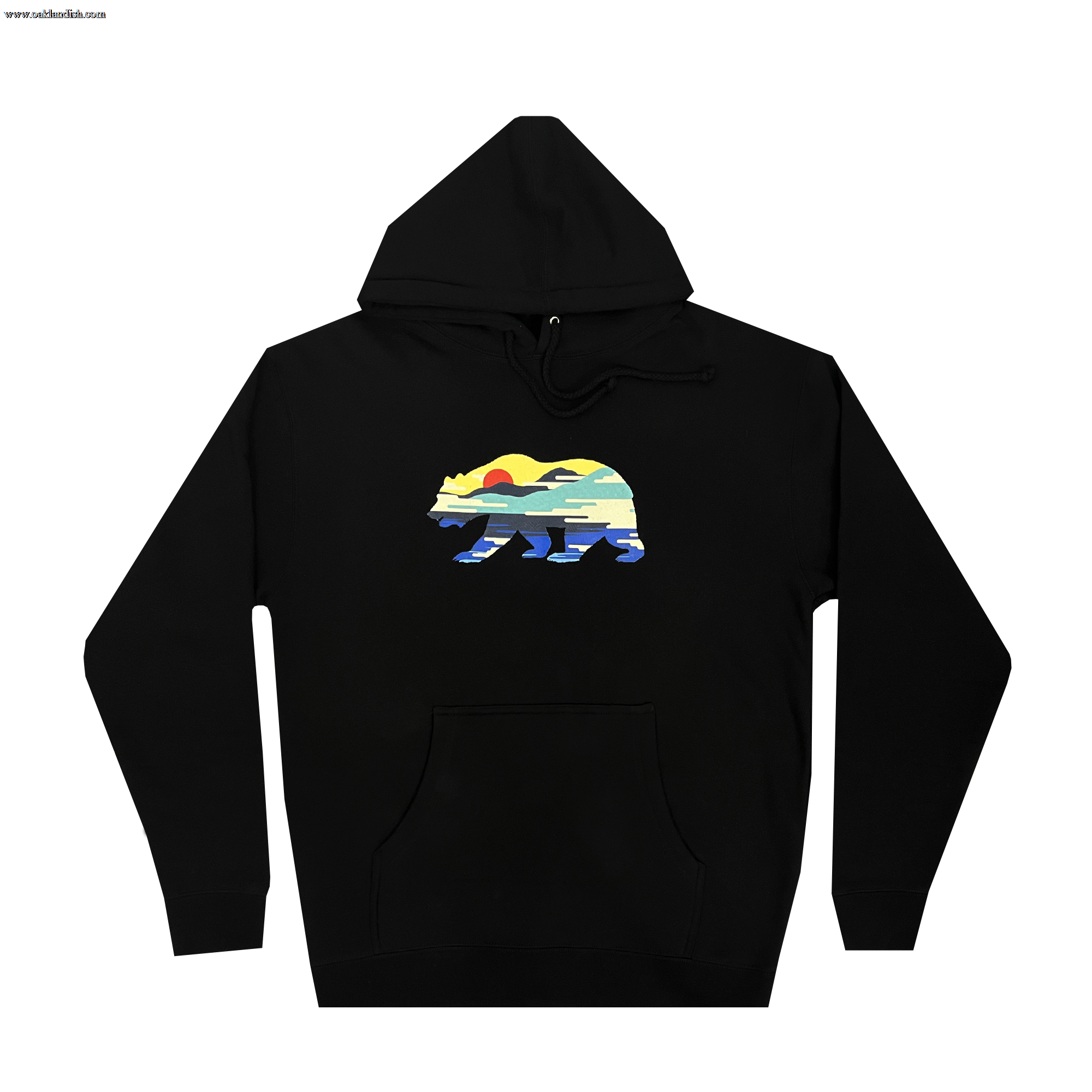 The Sunset Bear Hoodie from Never Elsewhere showcases a minimalist graphic of a California grizzly bear filled with a vibrant landscape pattern featuring a setting sun, mountains, water, and forests in hues of yellow, green, blue, and red. This black men's pullover hoodie includes a front pocket and drawstrings.