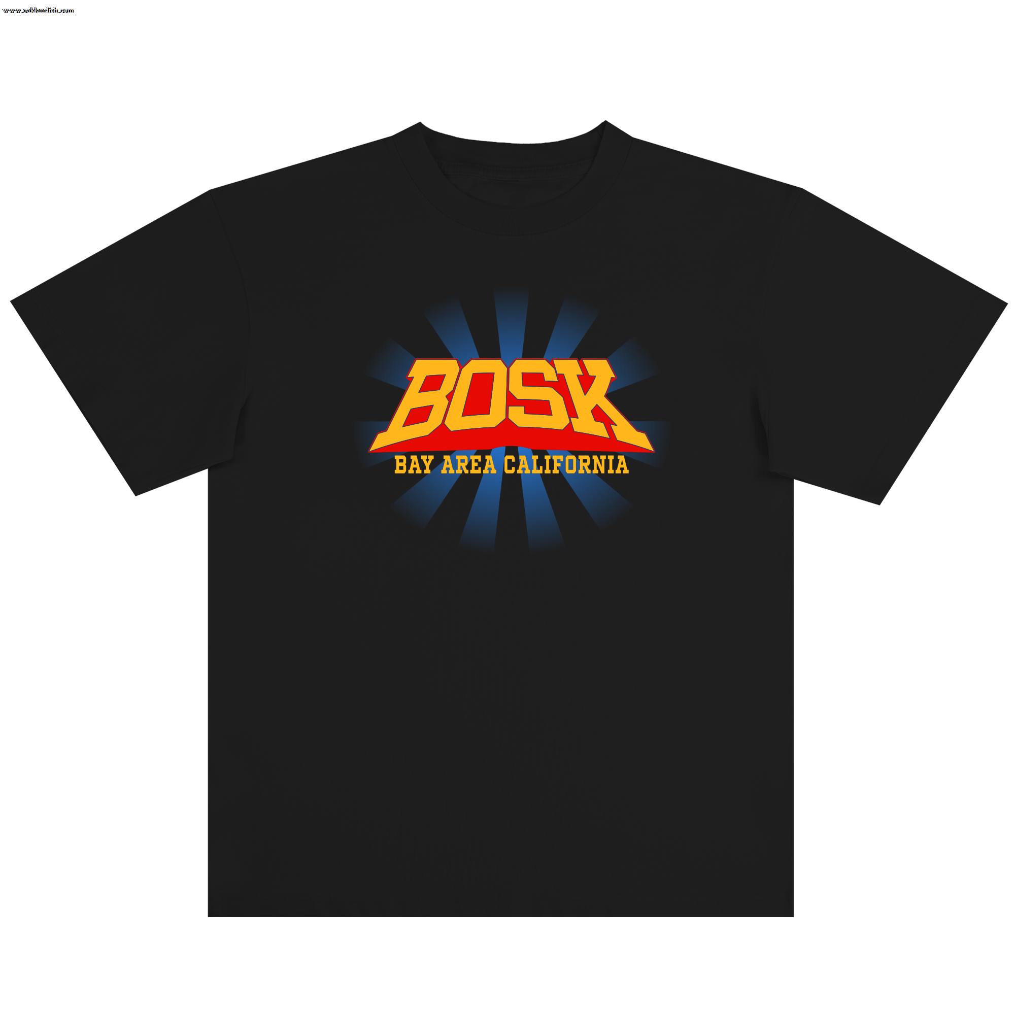 The Super Power Tee by BOSK is a black, heavy-weight cotton shirt with bold yellow and orange "BOSK" text above "BAY AREA CALIFORNIA" in yellow, plus blue rays radiating across the classic-fit chest.