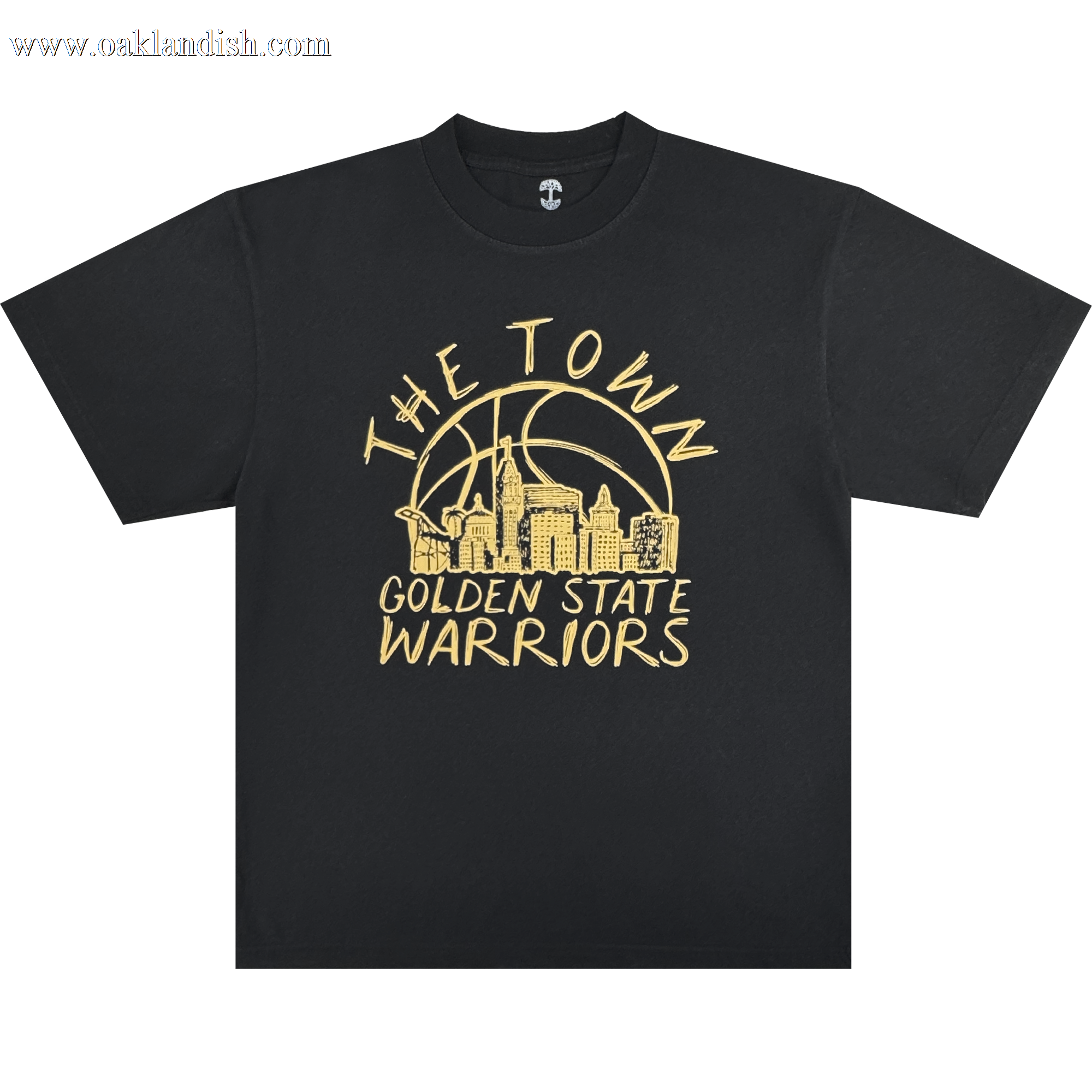 The Town Doodle Tee by Other showcases a bold yellow city skyline graphic with a basketball backdrop on a black shirt. Above the skyline, “THE TOWN” is written, while “GOLDEN STATE WARRIORS” appears below—both in bold, hand-drawn style lettering. Part of the exclusive Warriors x Oaklandish Town Collection, this tee celebrates Golden State Warriors pride and Oakland’s vibrant spirit.