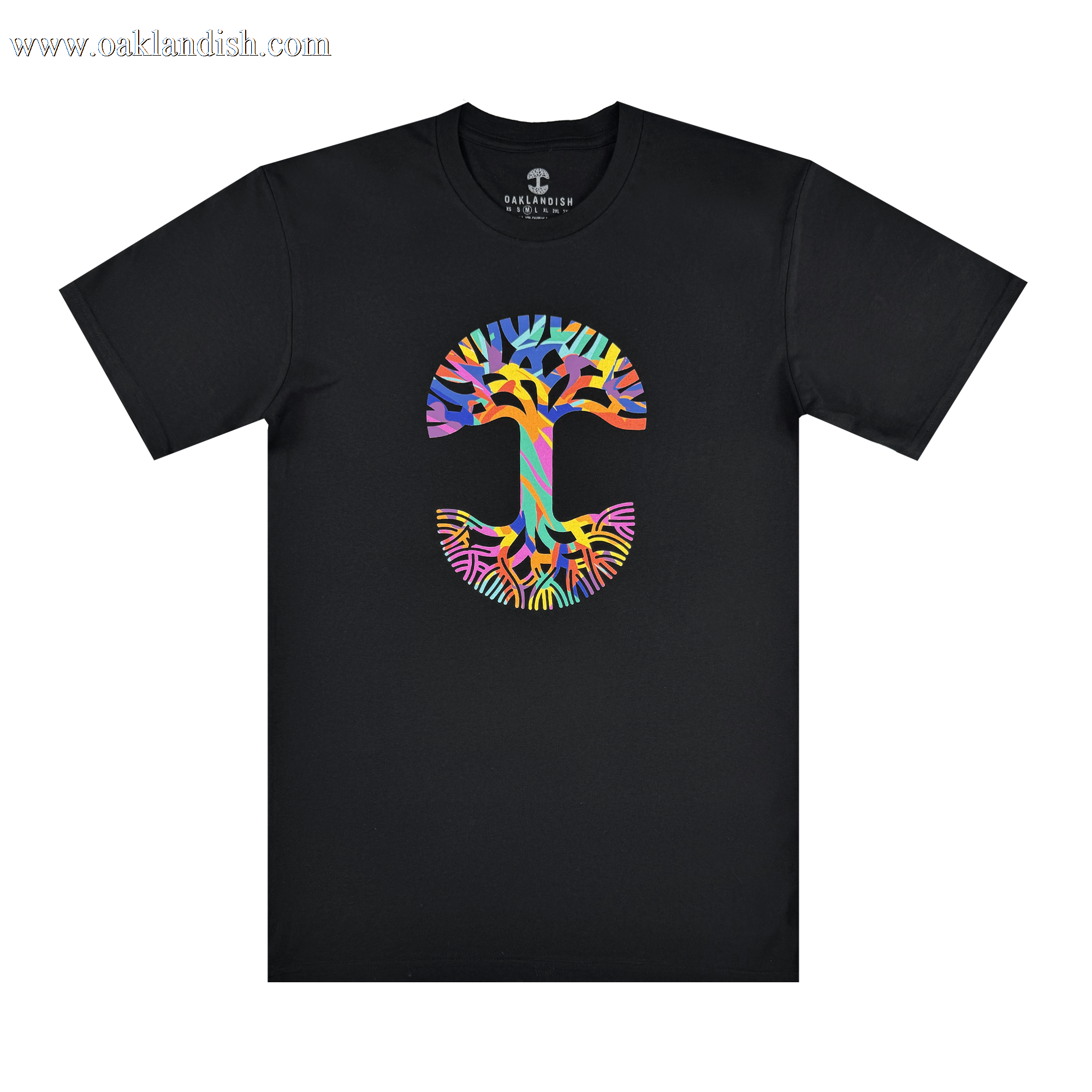 The Urban Tropics Tee by Oaklandish features a vibrant, abstract tree forming a bold "C" on black fabric. Designed by Oakland artist Kalani Ware, its colorful graphic stands out against the dark tee for an eye-catching look.