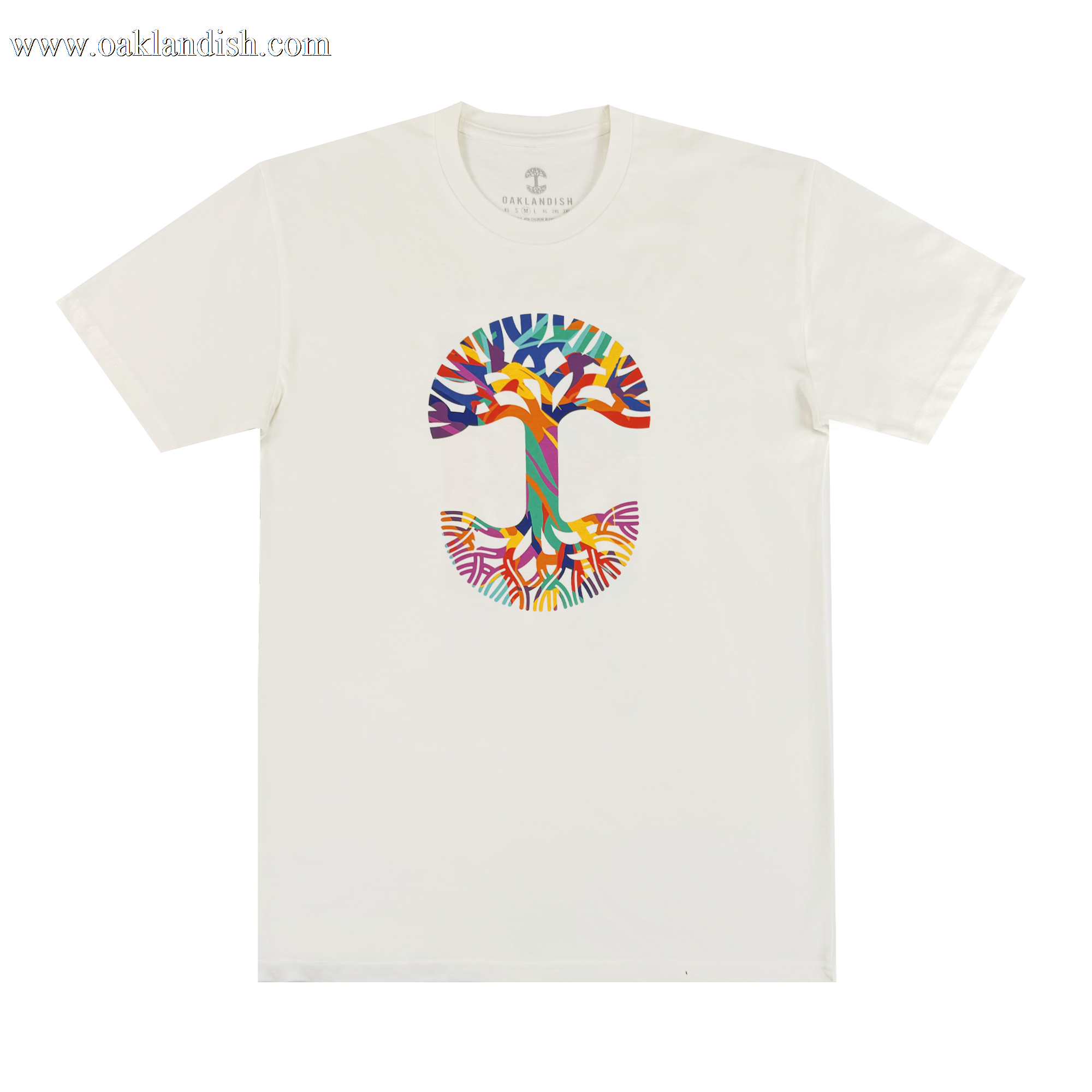 The Urban Tropics Tee by Oaklandish is a white shirt with a vibrant, tree-shaped "T" design inspired by Kalani Ware, featuring colorful abstract branches and roots for an eye-catching look.