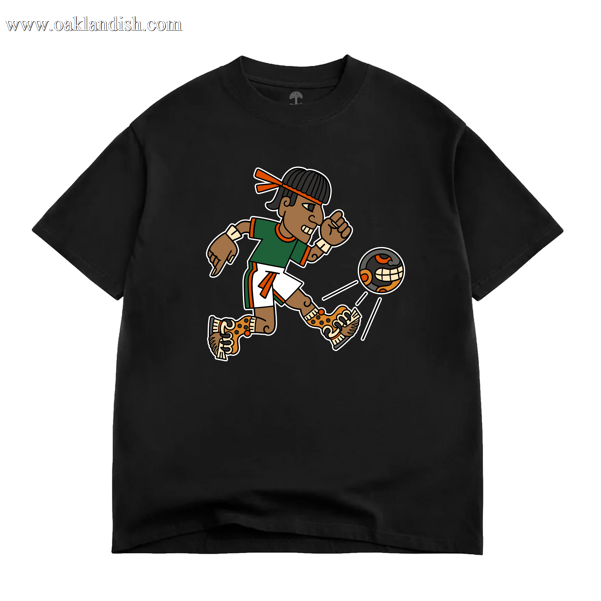 The Ulama Tee by Oaklandish is a men’s heavyweight cotton t-shirt featuring a cartoon football player in green, orange, and white sprinting alongside a grinning football in a helmet.