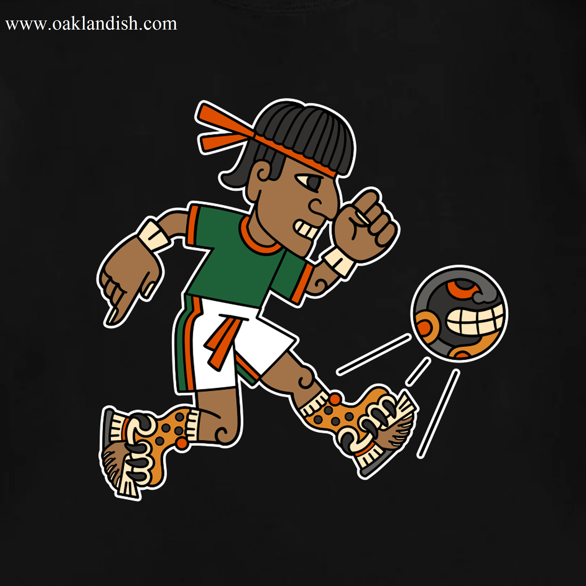 Cartoon of an Aztec-style soccer player with a headband and clenched fist, in green Ulama Tee by Oaklandish and white shorts, wearing jaguar-patterned shoes, kicking a decorated smiling ball on a black background.