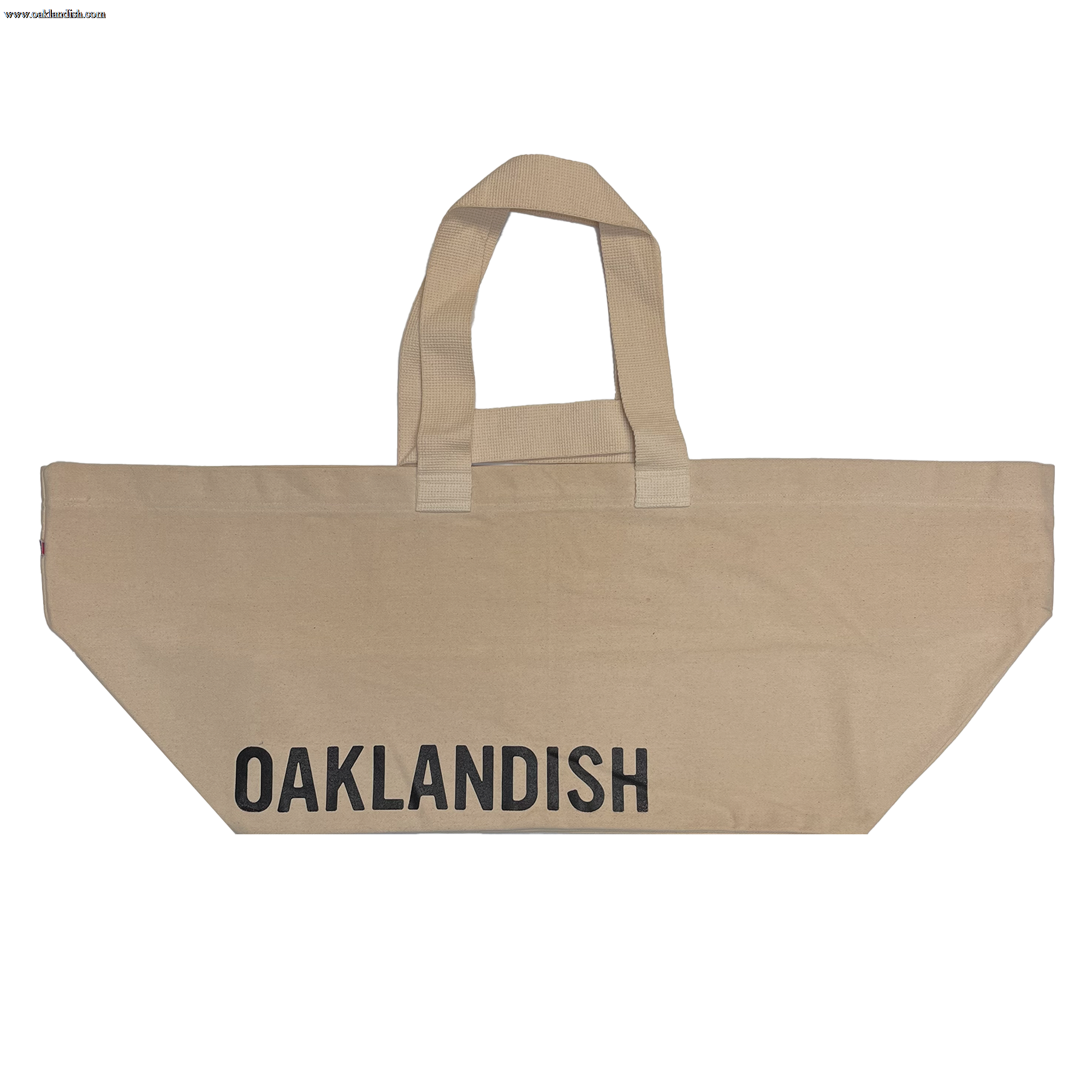 Extra wide natural colored bull denim shopping tote bag with black Oaklandish wordmark.