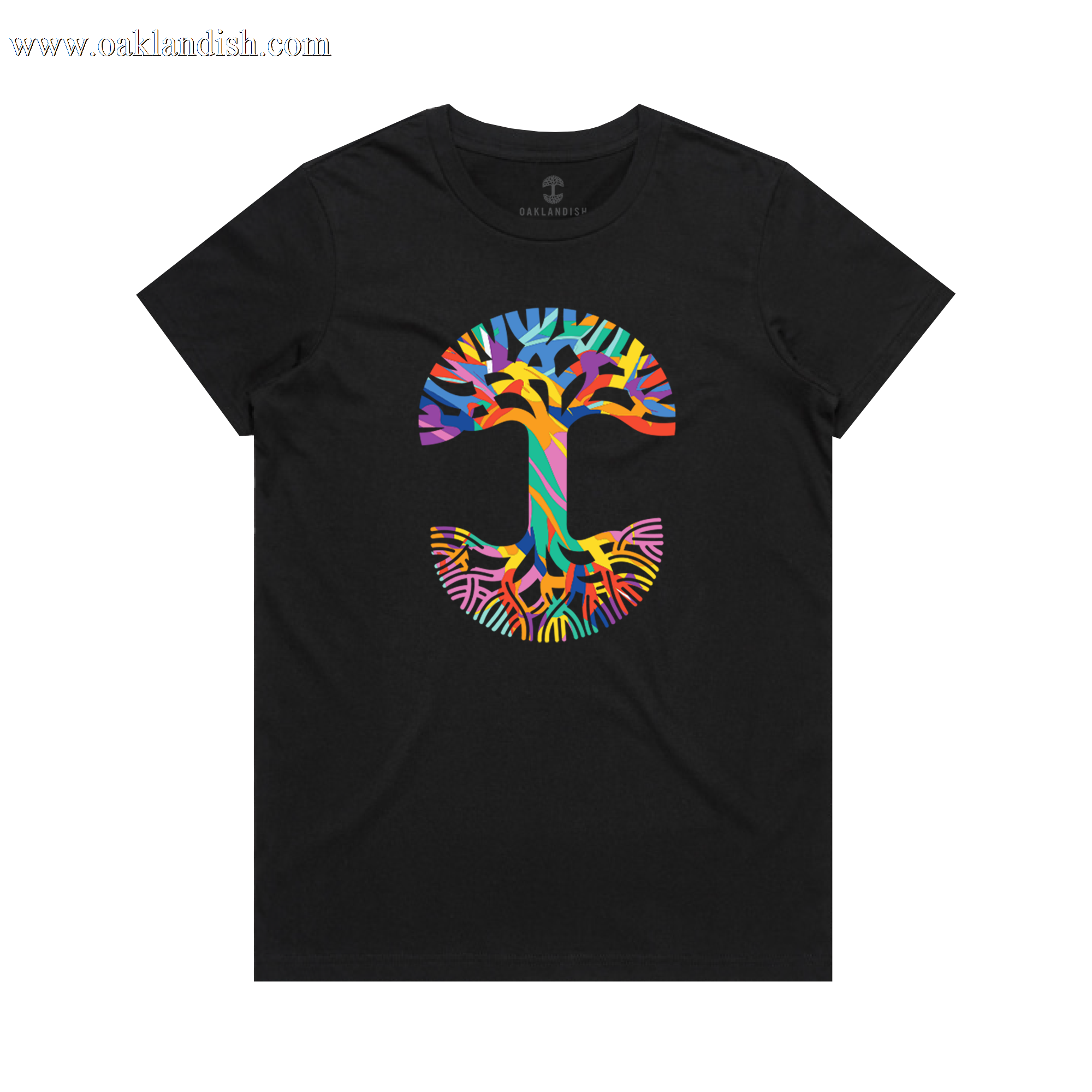 The Oaklandish Women's Urban Tropics Tee is a black t-shirt featuring Kalani Ware’s colorful, abstract tree design with vibrant branches and roots in blue, orange, yellow, pink, and purple forming a circular pattern.