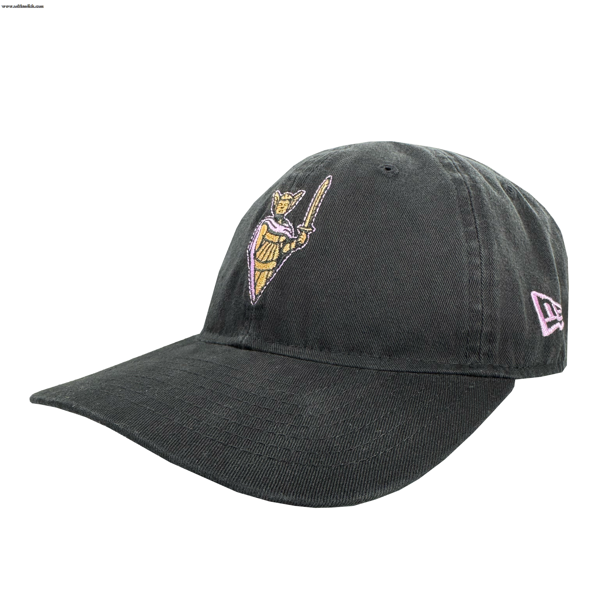 The GSV 9TWENTY Dad hat by GSV features a black design with an embroidered yellow and purple Viking mascot holding a sword on the front, a white New Era logo on the side, curved brim, textured fabric, and an adjustable strap for comfort.