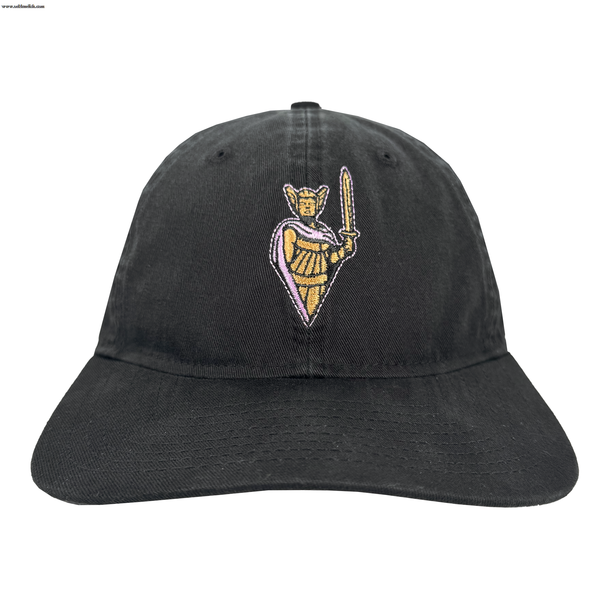 The GSV 9TWENTY by GSV is a black dad hat with an embroidered yellow-armored knight holding a sword, outlined in purple, on the front. Features include an adjustable strap, curved brim, and visible stitching.
