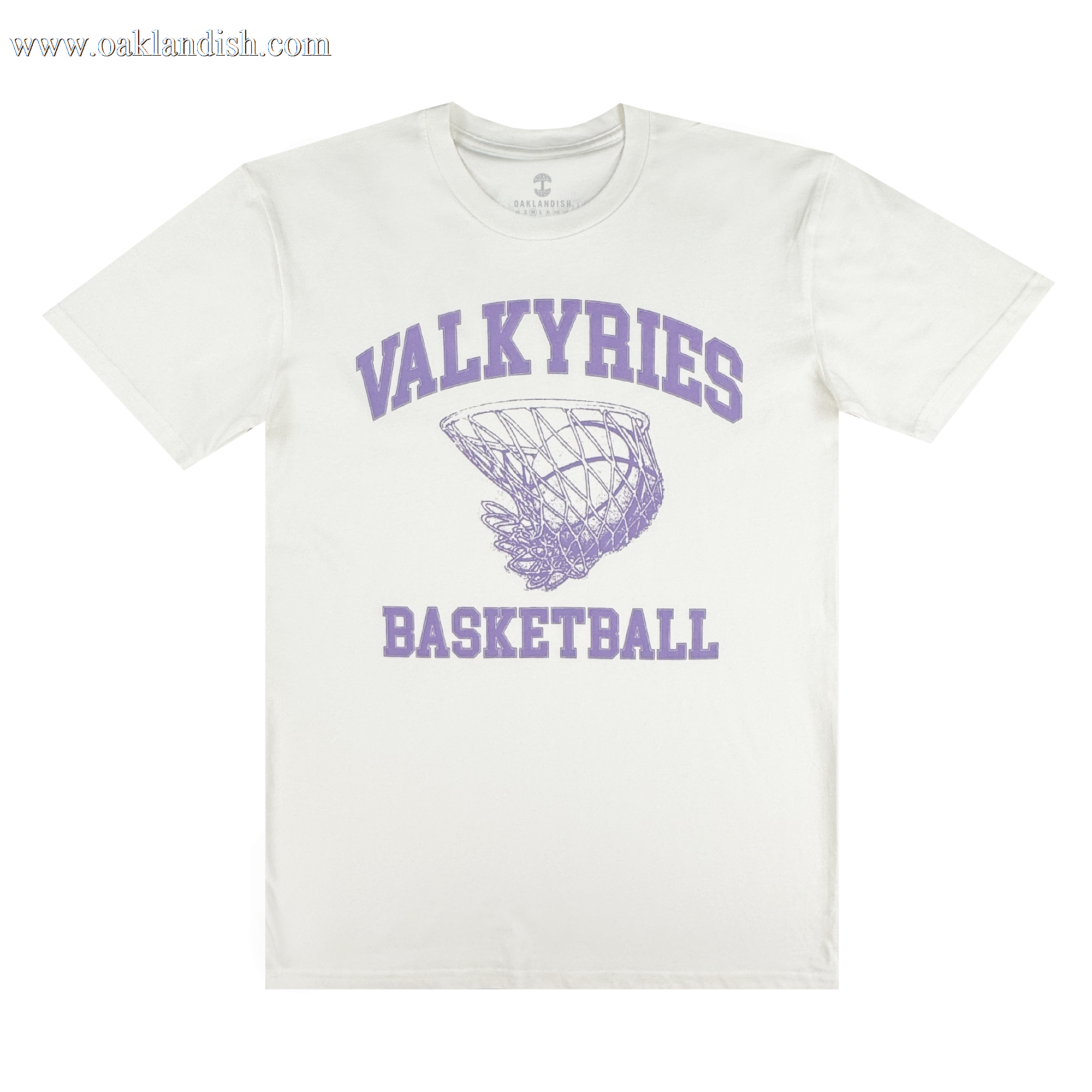 The GSV Golden State Valkyries Rec League Tee is a white organic cotton shirt featuring “VALKYRIES” in bold purple above a basketball net, with “BASKETBALL” below—delivering sporty style and all-day comfort.