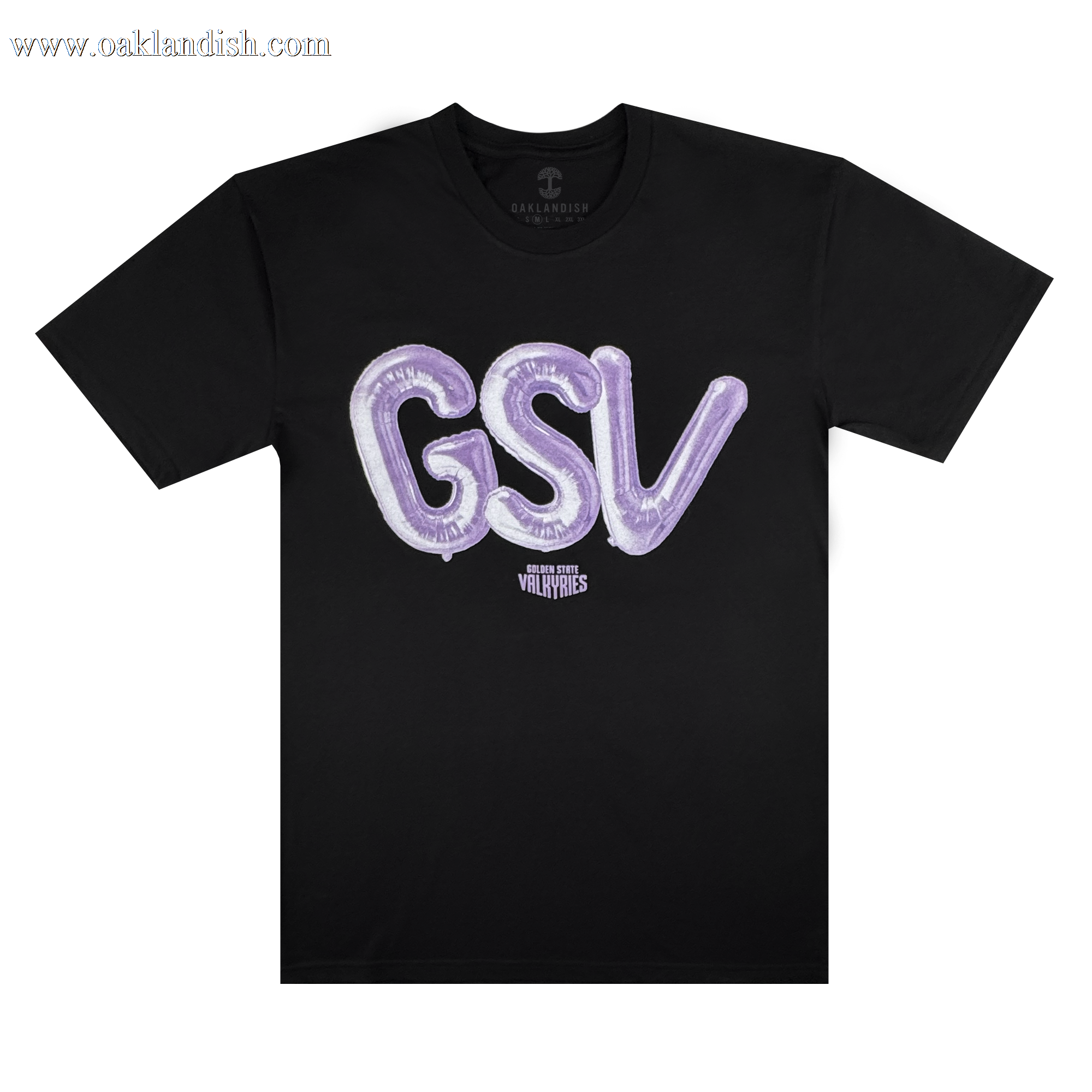 The Golden State Valkyries Balloons Tee by GSV is a black cotton shirt with large, shiny purple balloon-style "GSV" letters across the chest and "Golden State Valkyries" in small white text below, shown laid flat on a white background.