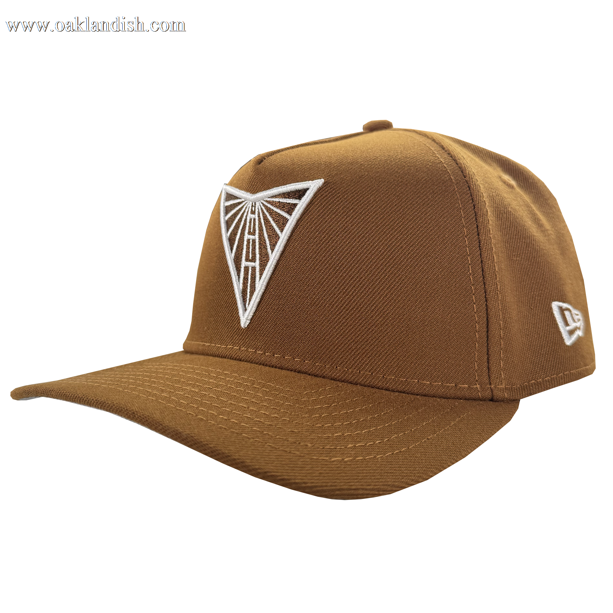 The GSV Logo 9FORTY AF Snapback by GSV is a brown adjustable baseball cap featuring a white geometric triangle design embroidered on the front, a white New Era logo on the side, and a curved brim, shown against a plain white background.