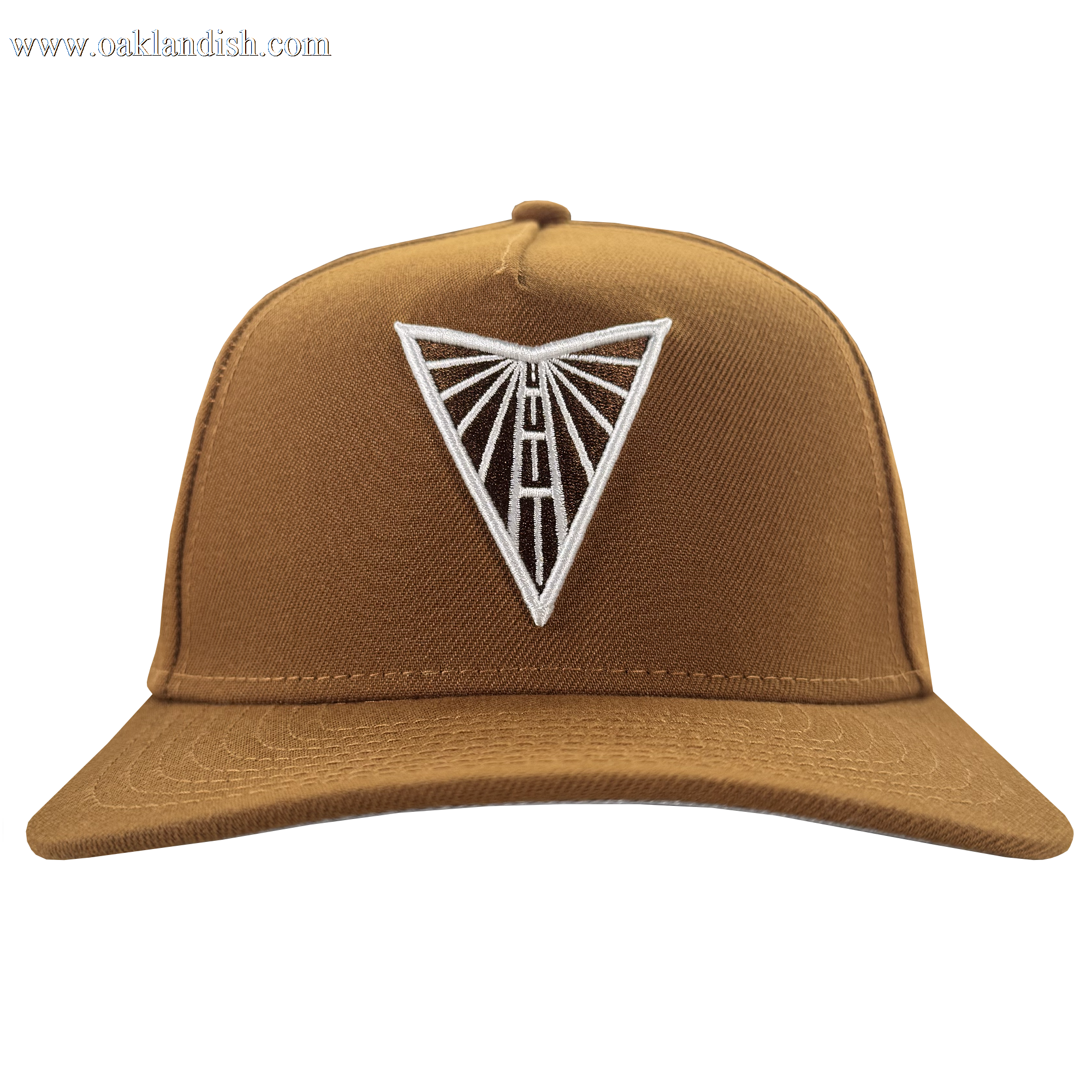 The GSV Logo 9FORTY AF Snapback by GSV is a brown adjustable cap with a white embroidered geometric road design inside an upside-down triangle on the front panel, displayed against a plain white background.