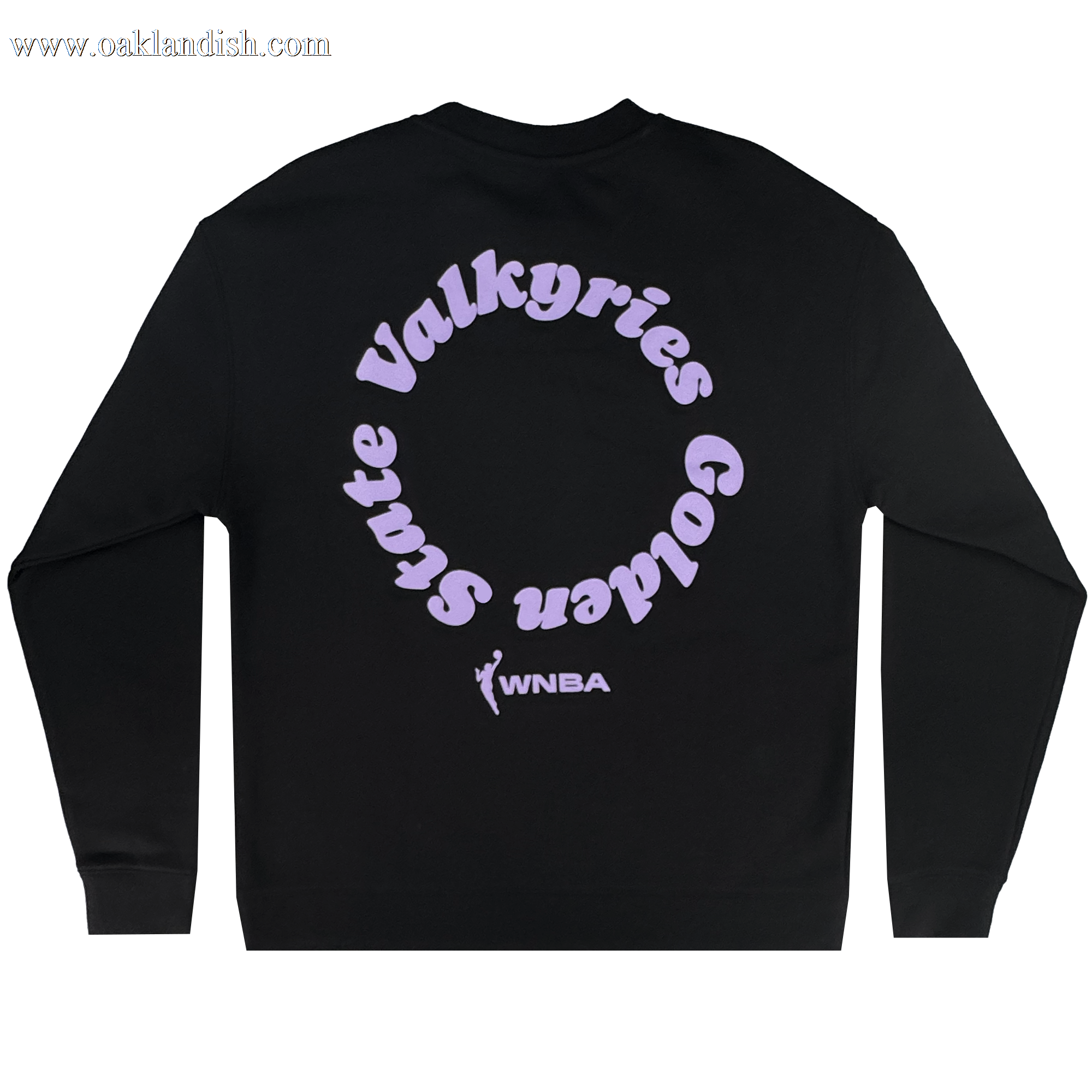 The GSV Golden State Valkyries Circle Lock Up Crew is a premium black heavyweight fleece sweatshirt with lavender "Golden State Valkyries" text and WNBA logo on the back, shown flat on a white background.