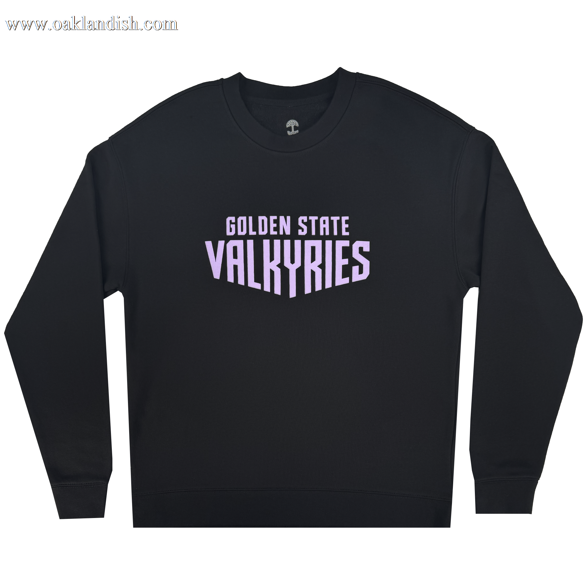 The GSV Golden State Valkyries Circle Lock Up Crew is a premium heavyweight fleece in light gray, featuring "GOLDEN STATE VALKYRIES" in bold light purple letters centered across the chest.