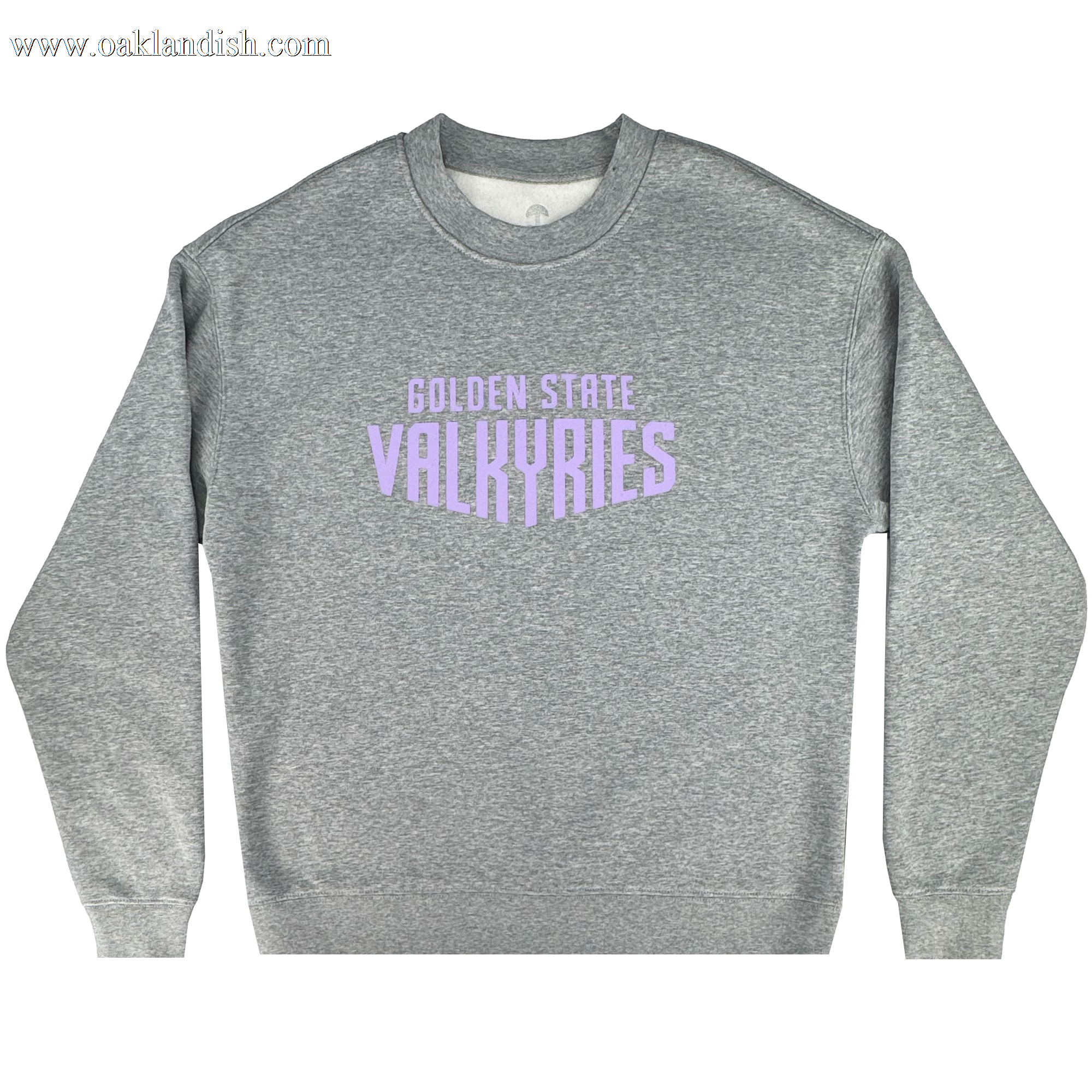 The GSV Golden State Valkyries Circle Lock Up Crew is a heather gray heavyweight fleece crewneck with bold, light purple “GOLDEN STATE VALKYRIES” text in modern, blocky font centered on the chest and shown flat on a white background.