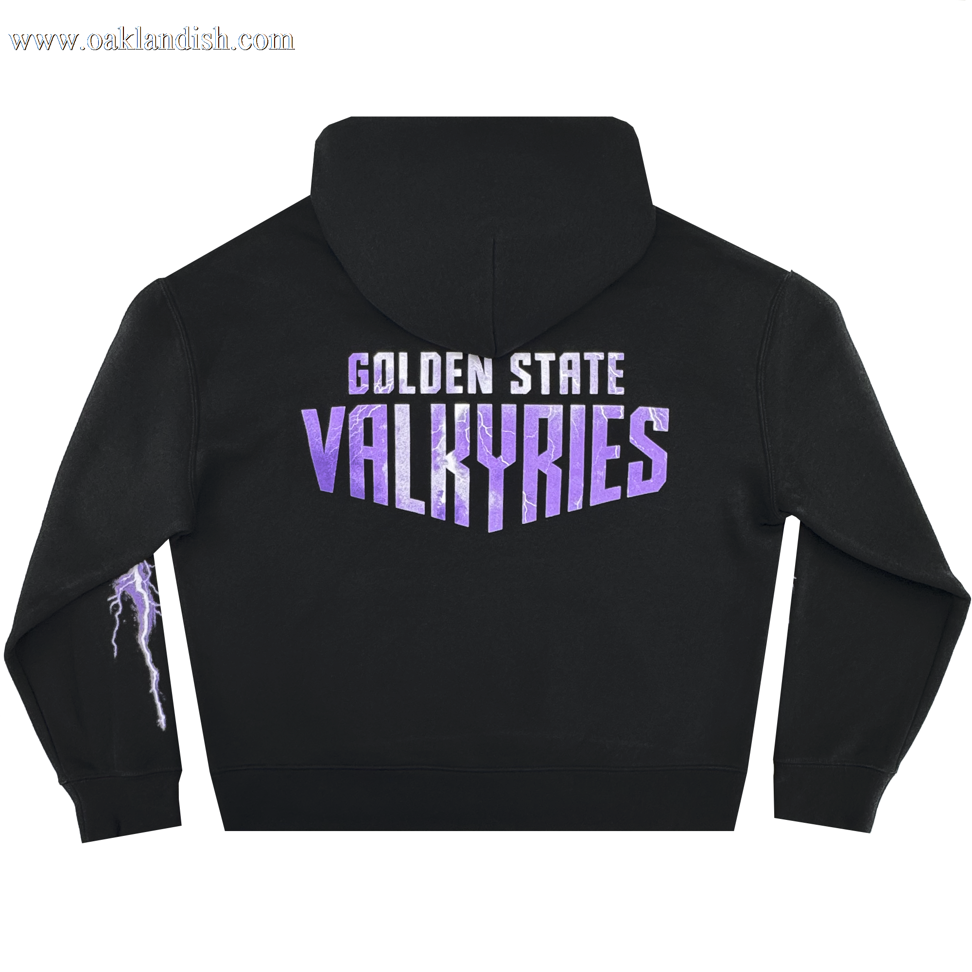 The GSV Women's Golden State Valkyries Violet Lightning Hoodie features “GOLDEN STATE VALKYRIES” in bold purple and white gradient letters on the back and a white and light purple lightning bolt on the left sleeve.