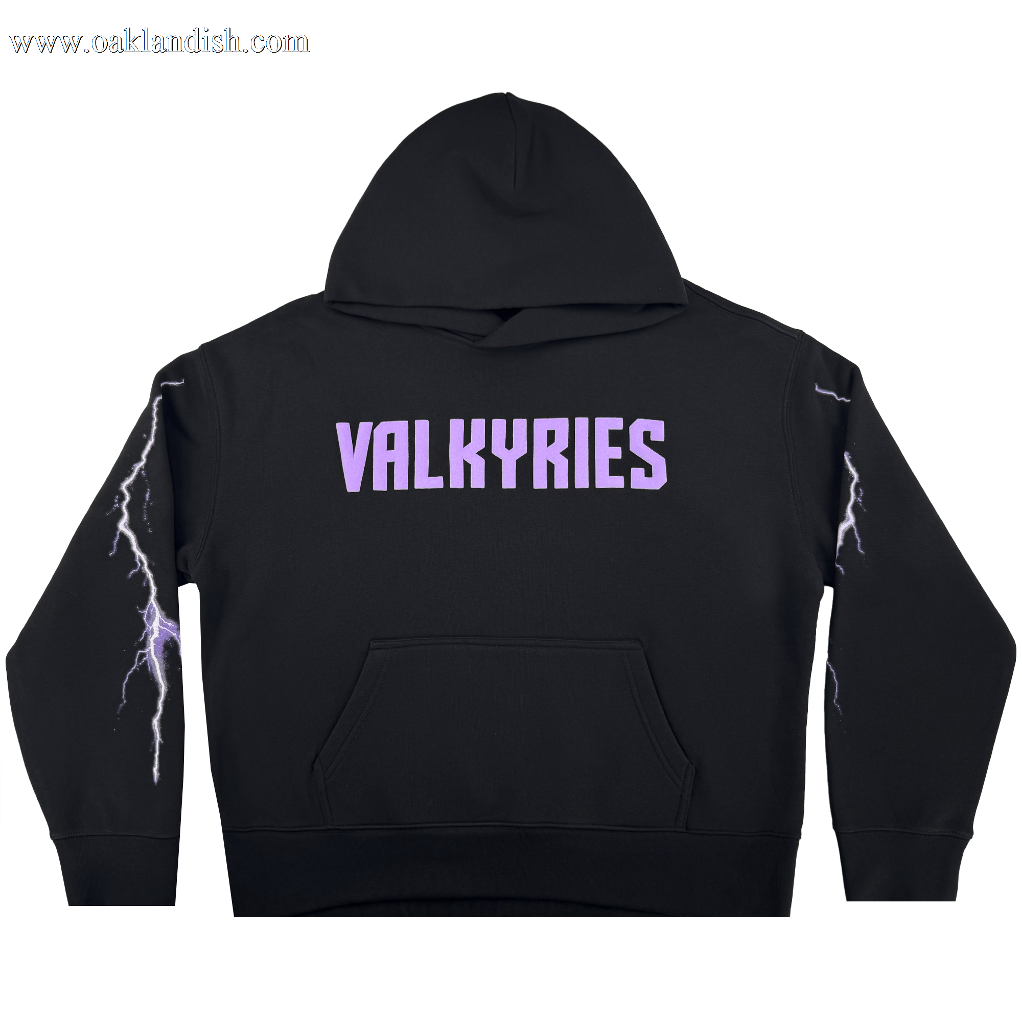 The GSV Women's Golden State Valkyries Violet Lightning Hoodie is a black pullover with "VALKYRIES" in bold, light purple letters on the upper back and white lightning bolts on both sleeves, celebrating the Golden State Valkyries.