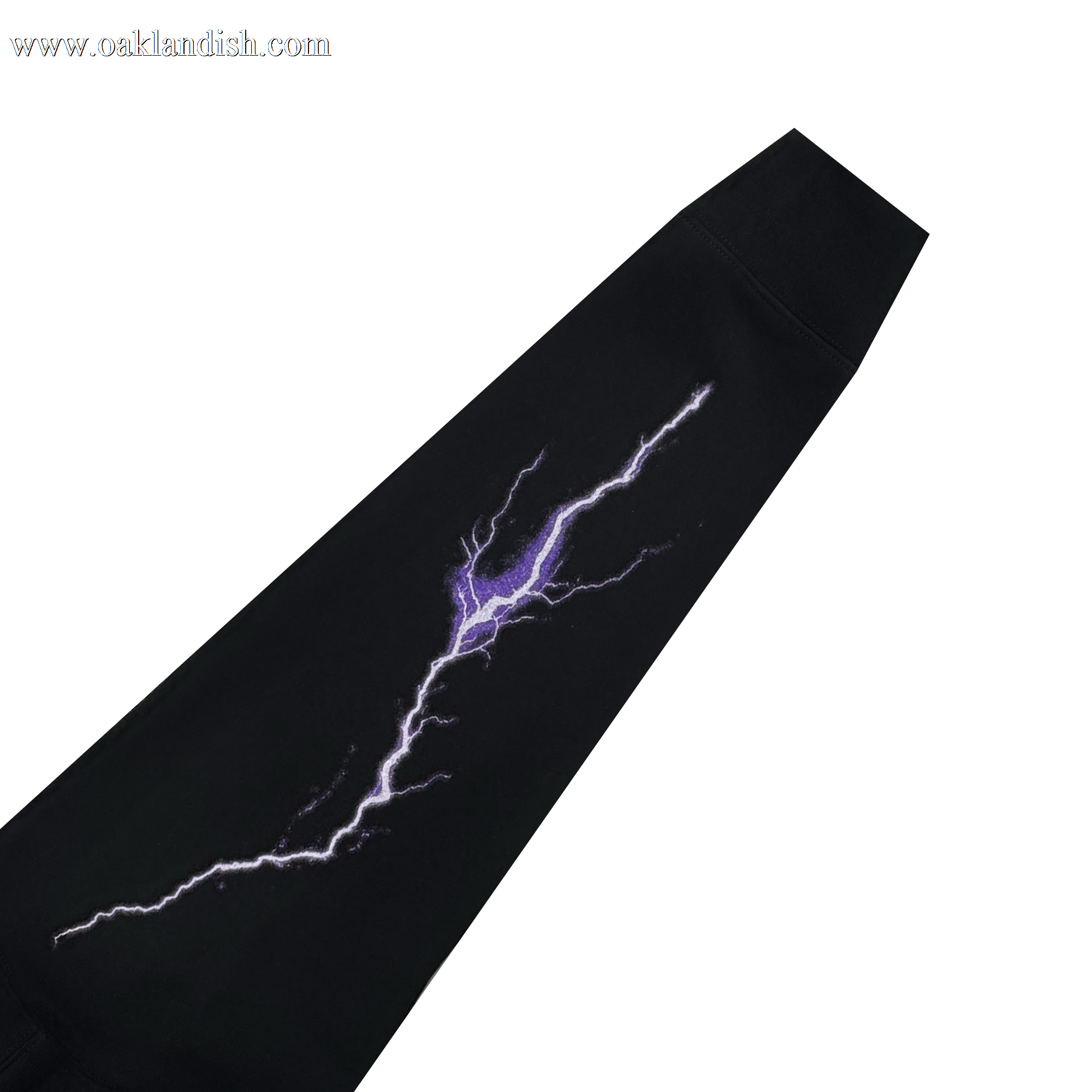 The GSV Women's Golden State Valkyries Violet Lightning Hoodie features a bold white and purple lightning bolt graphic in a dynamic, jagged design across its black fleece fabric.