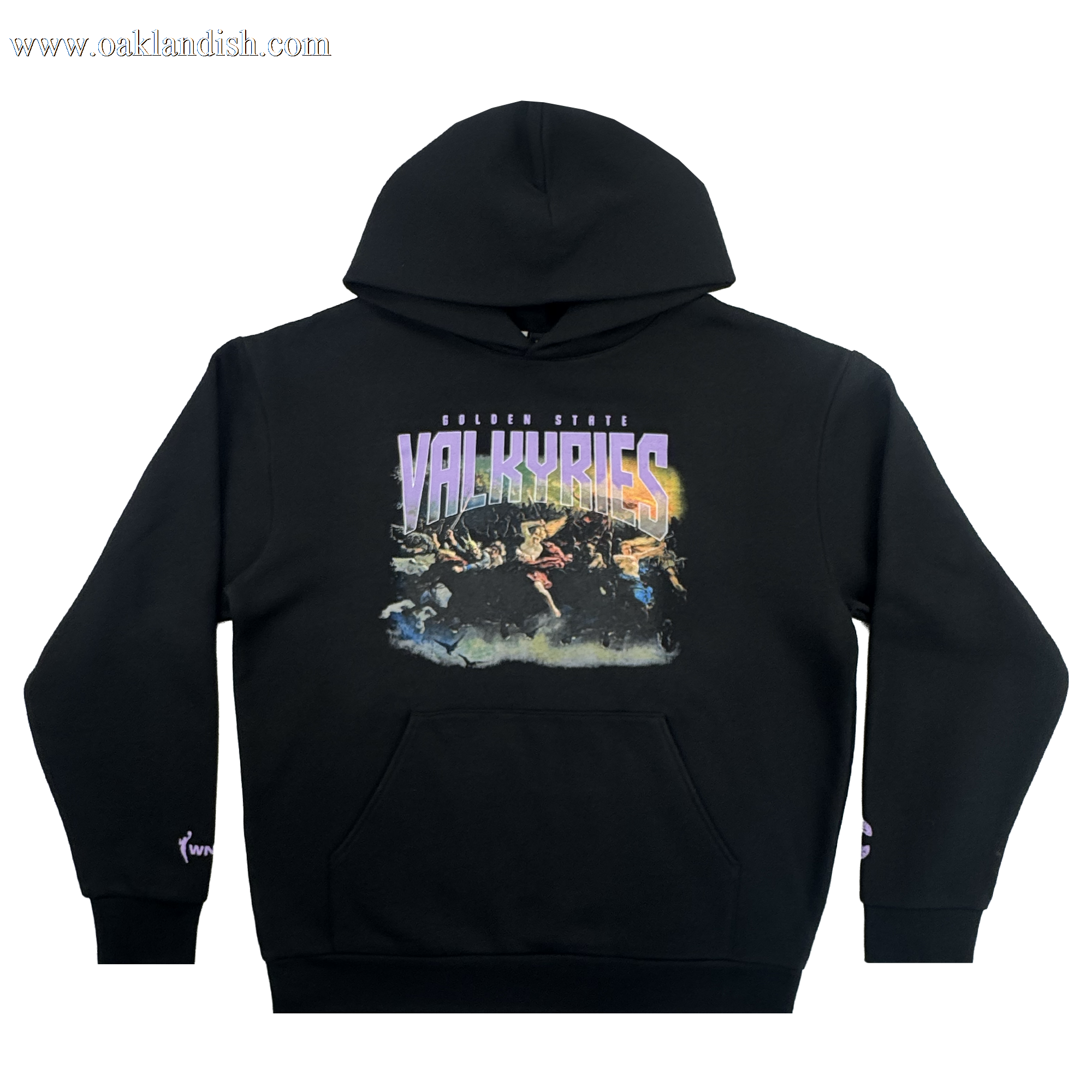 The GSV Odin Hoodie is a premium unisex black fleece featuring a vibrant fantasy battle scene and "GOLDEN MYTHIC VALKYRIES" in bold purple-to-yellow gradient—perfect for Golden State Valkyries fans.