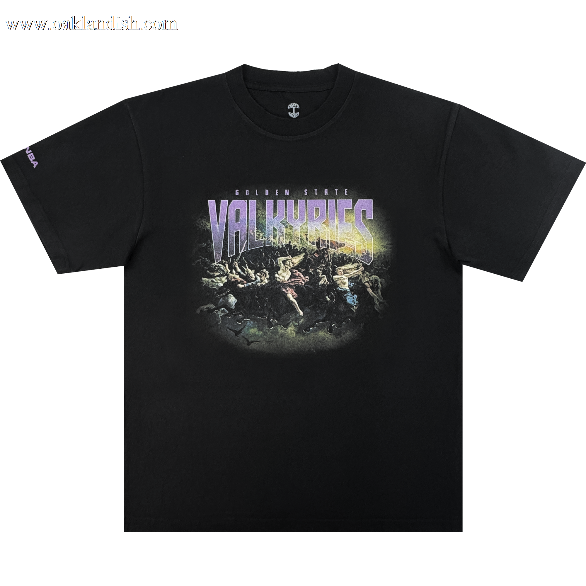 The GSV Odin Tee is a black heavy 100% cotton t-shirt with "Golden State Valkyries" in bold purple and white gradient lettering above a dramatic Valkyries-on-horseback graphic, all centered with a vivid yellowish glow.