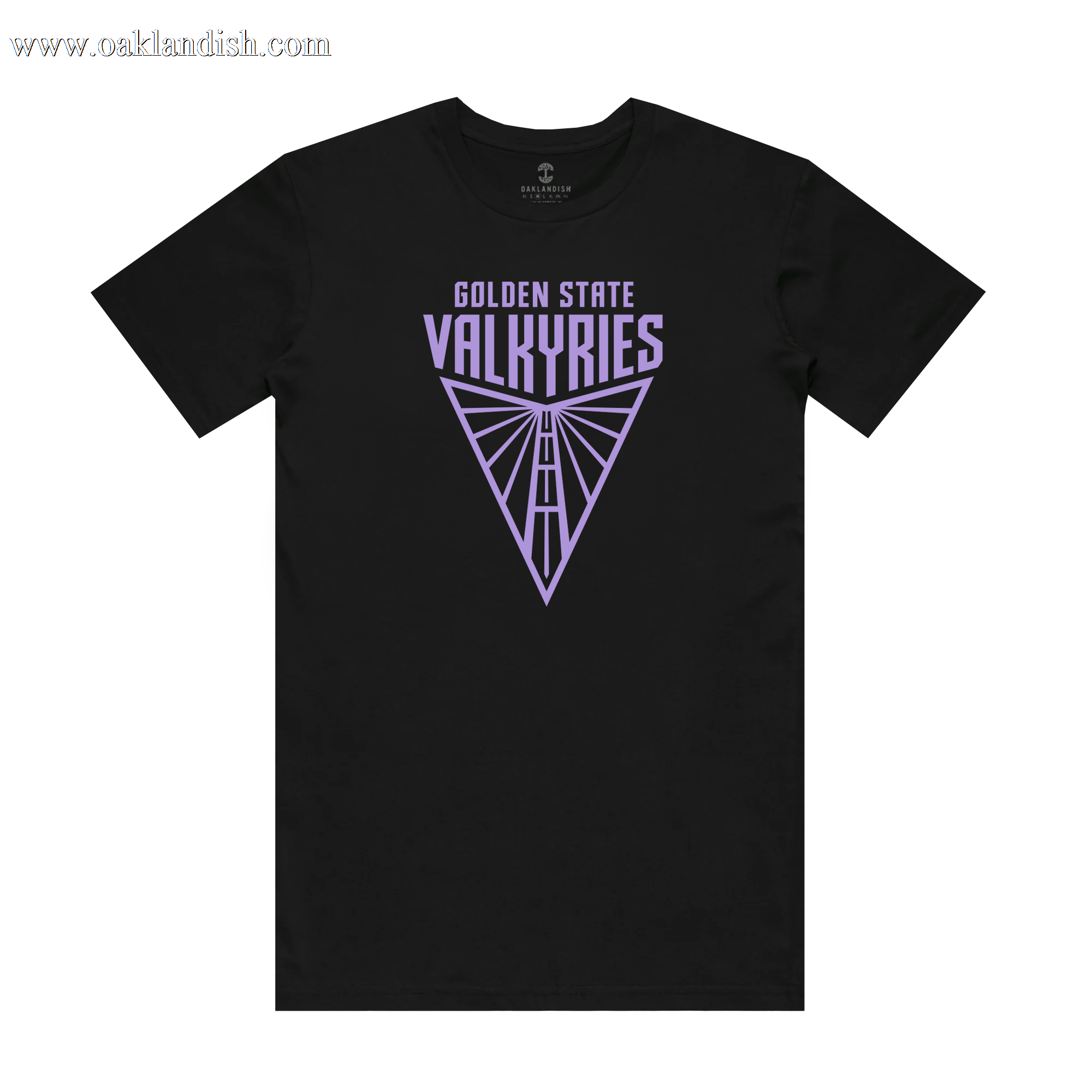 The Golden State Valkyries Primary Tee by GSV is crafted from 100% cotton in black and features a symmetrical geometric triangle design. The bold, uppercase purple "Golden State Valkyries" lettering adds a modern and sporty touch. Experience the comfortable classic fit while showing support for your team.